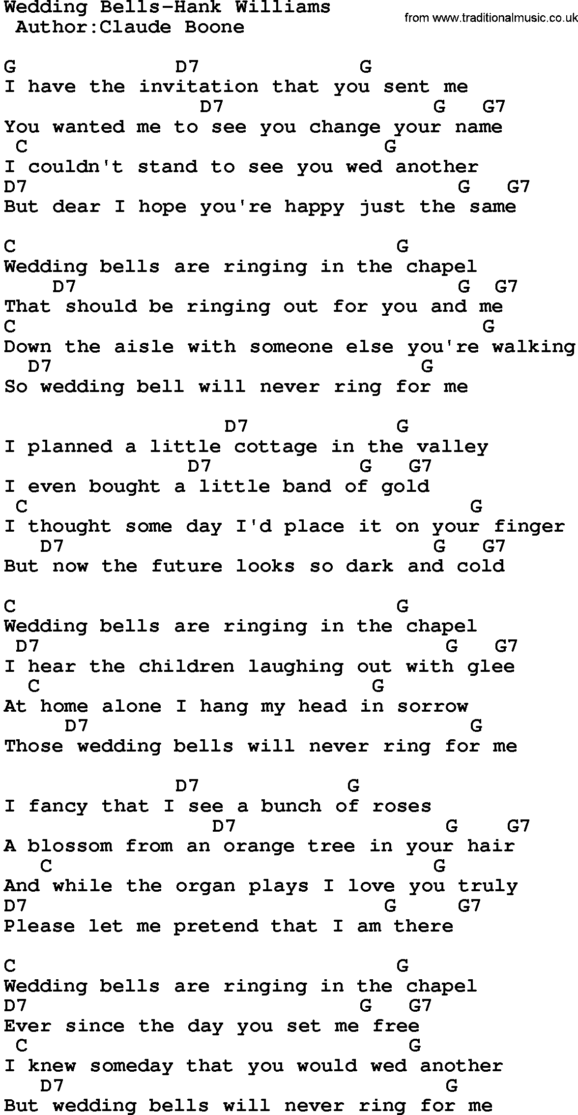 Country music song: Wedding Bells-Hank Williams lyrics and chords
