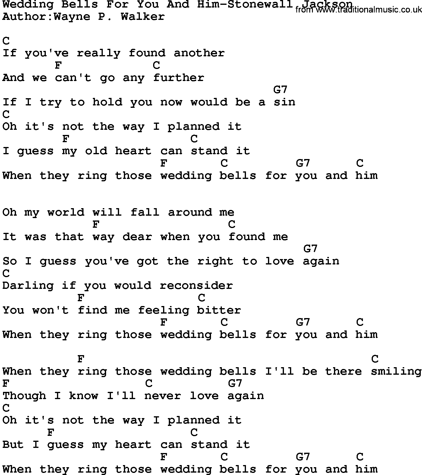 Country music song: Wedding Bells For You And Him-Stonewall Jackson lyrics and chords