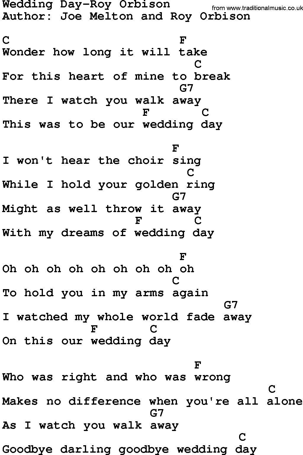 Country music song: Wedding Day-Roy Orbison lyrics and chords