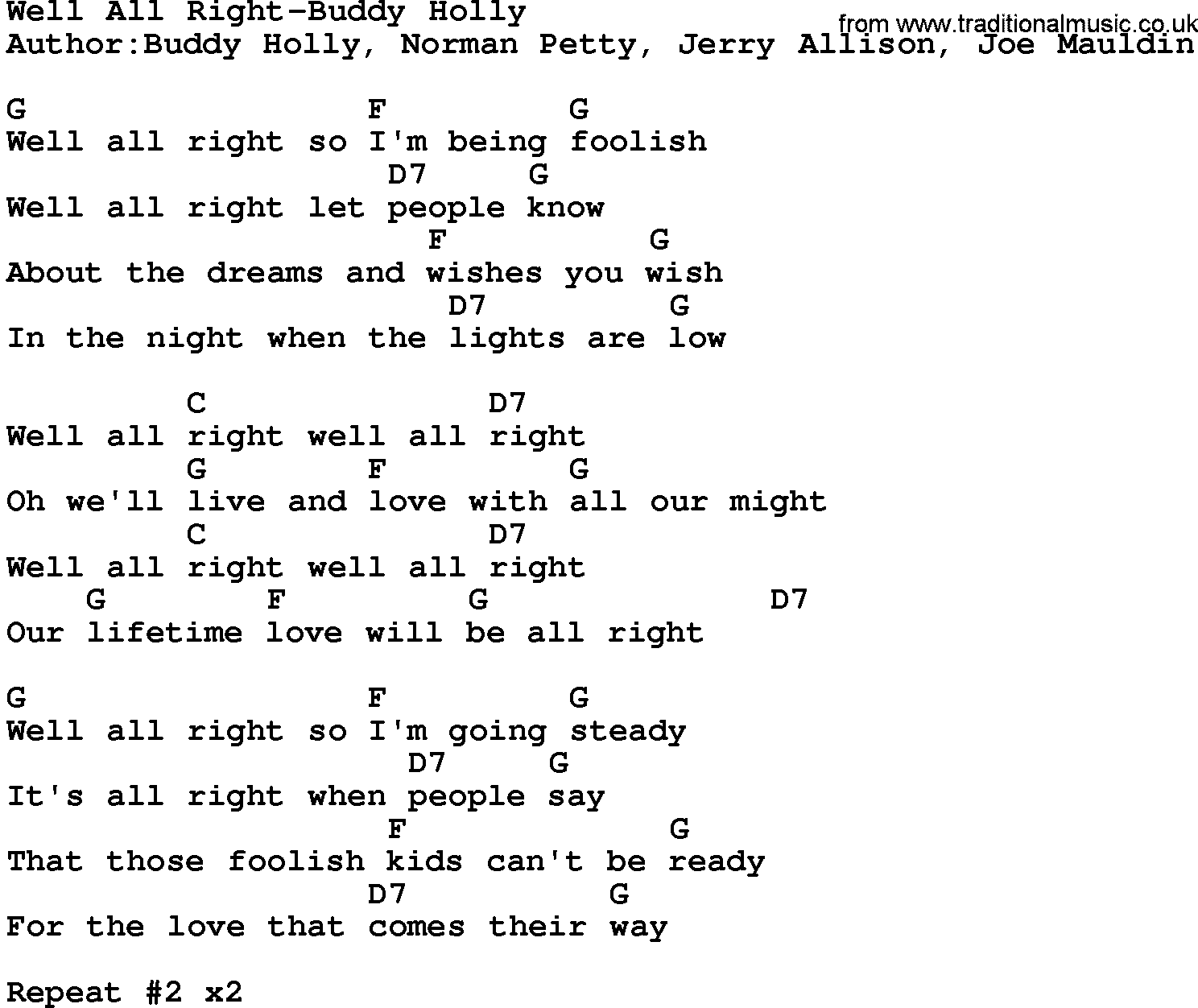 Country music song: Well All Right-Buddy Holly lyrics and chords