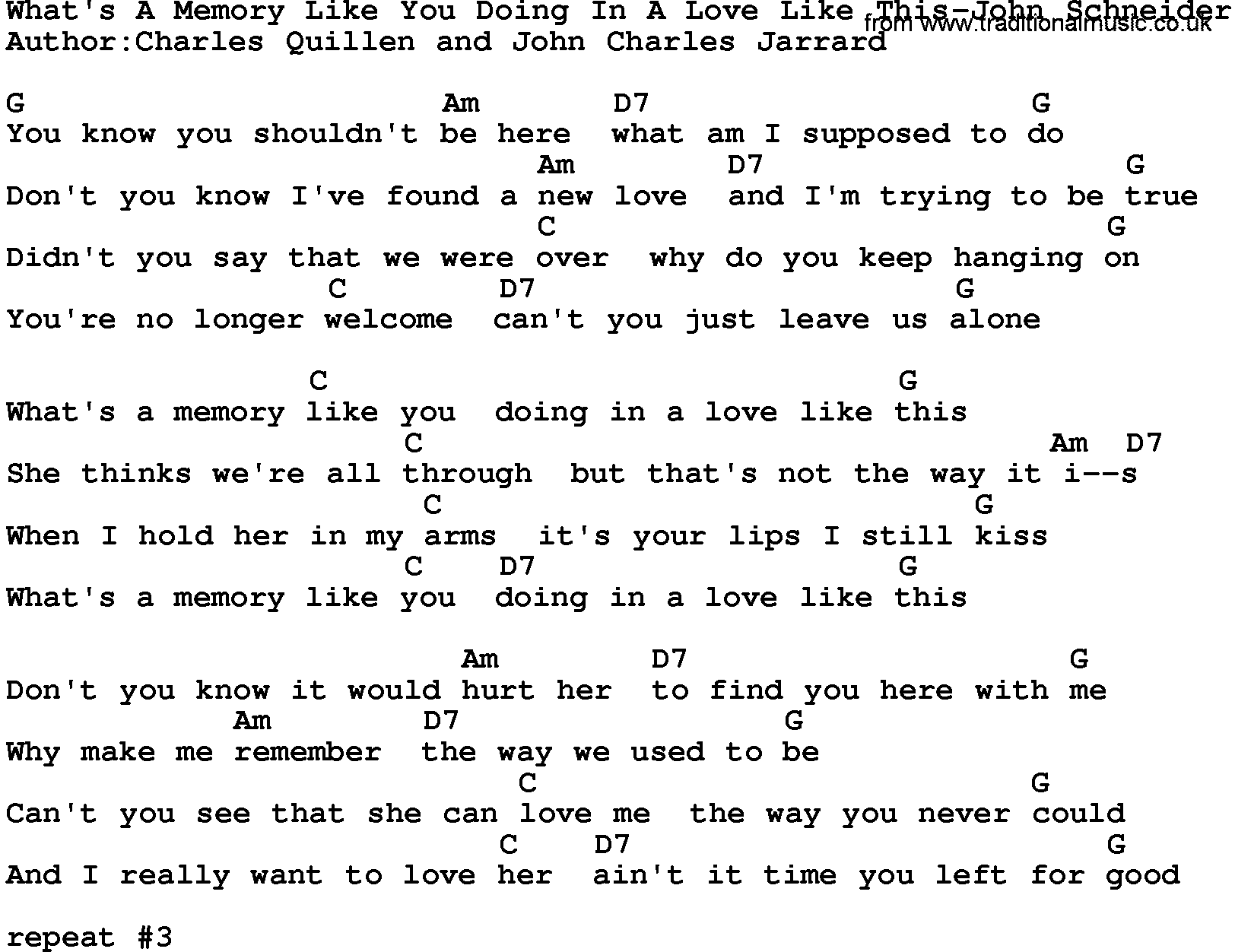 Country music song: What's A Memory Like You Doing In A Love Like This-John Schneider lyrics and chords