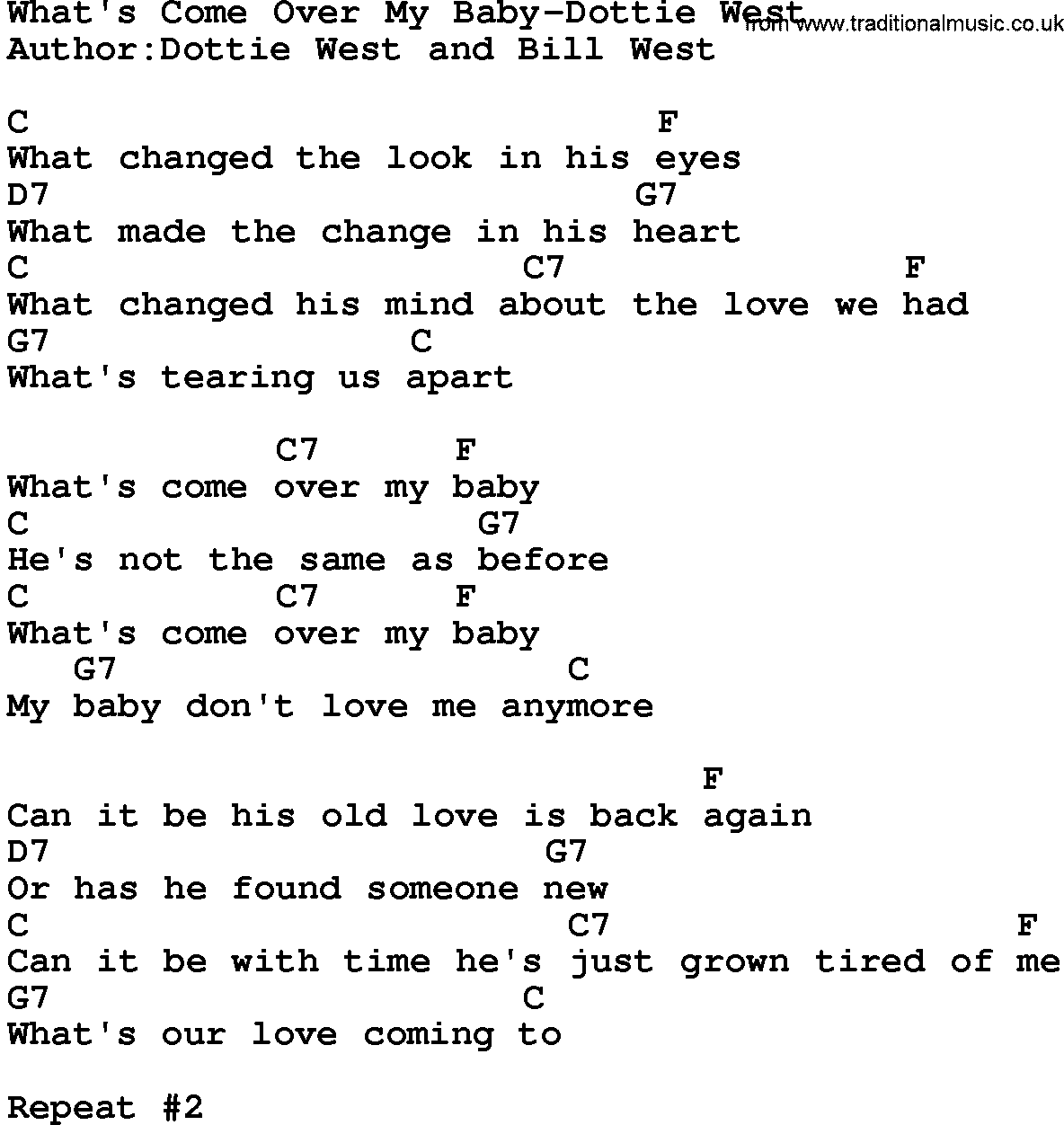 Country music song: What's Come Over My Baby-Dottie West lyrics and chords