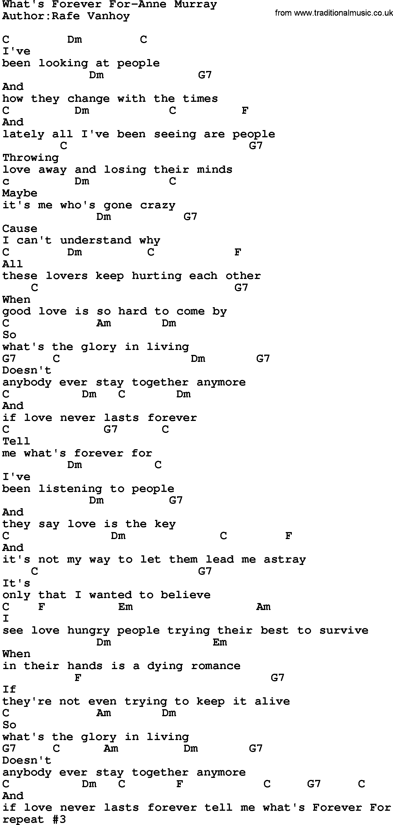 Country music song: What's Forever For-Anne Murray lyrics and chords