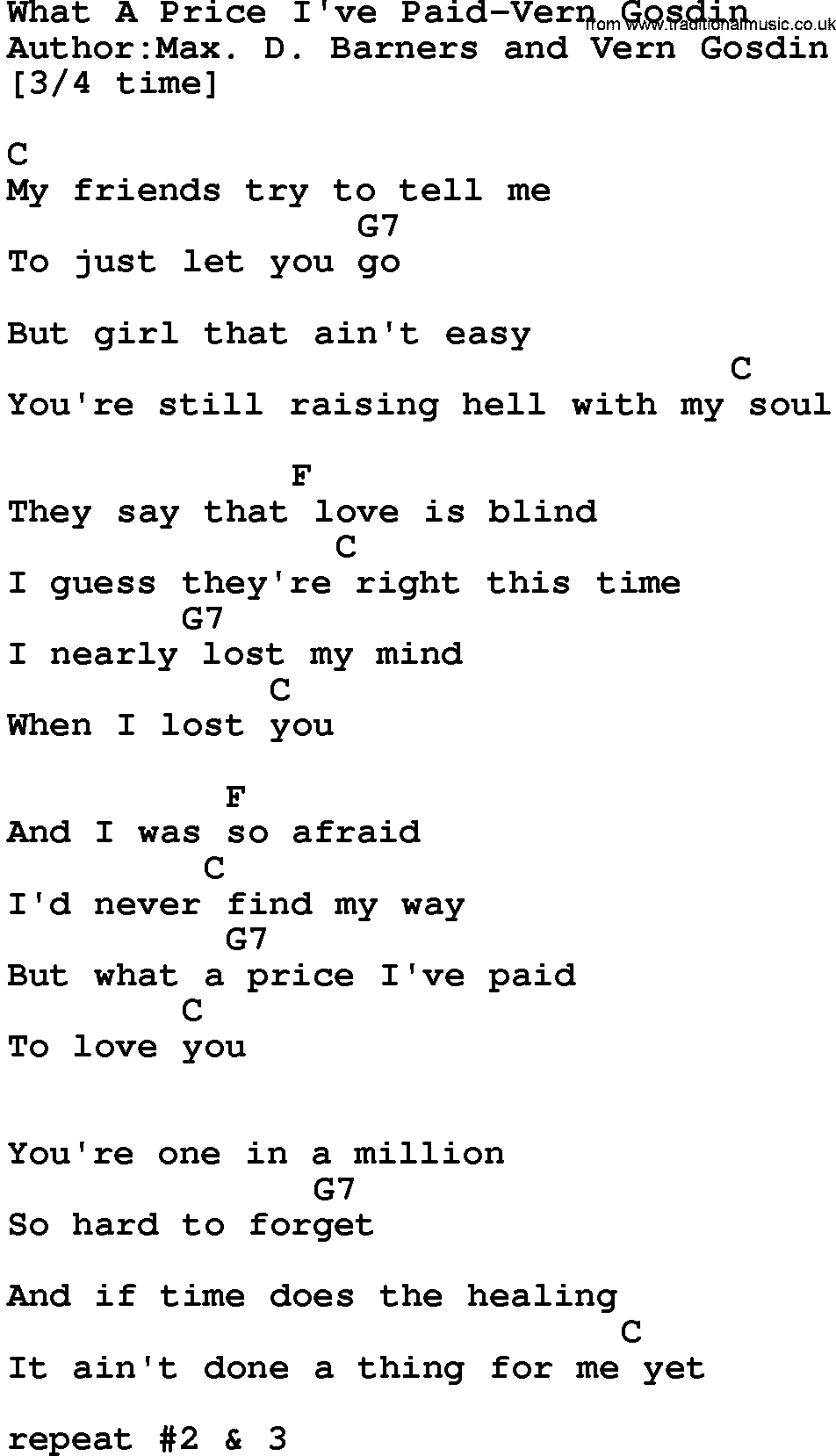 Country music song: What A Price I've Paid-Vern Gosdin lyrics and chords