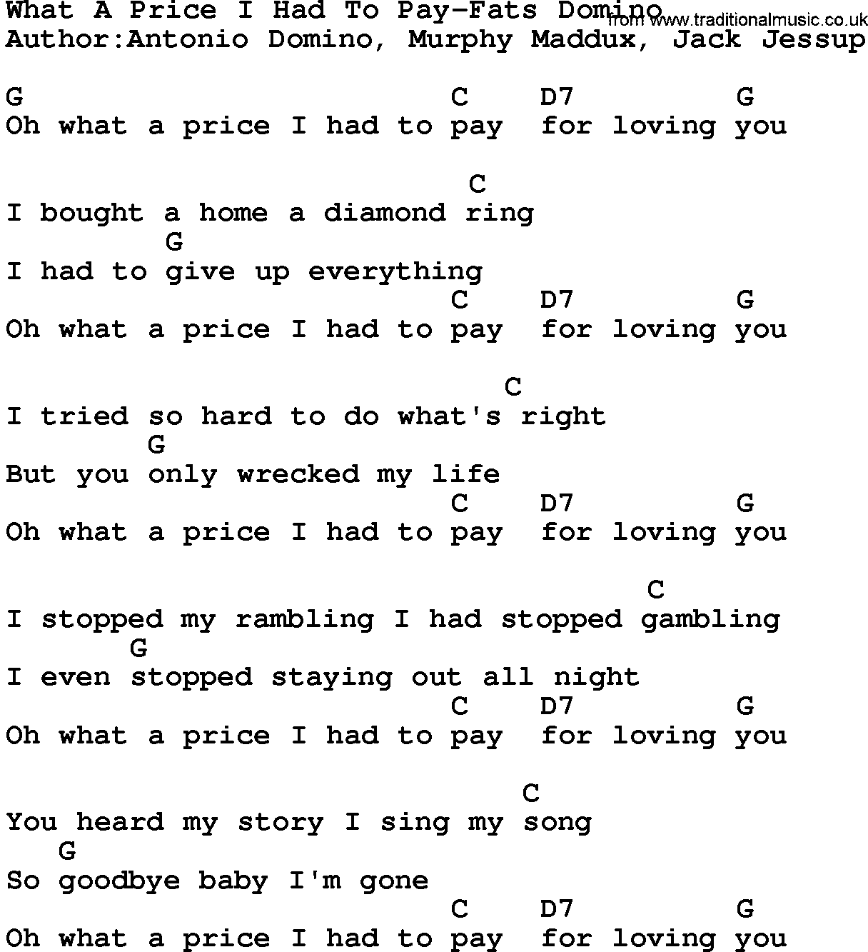 Country music song: What A Price I Had To Pay-Fats Domino lyrics and chords