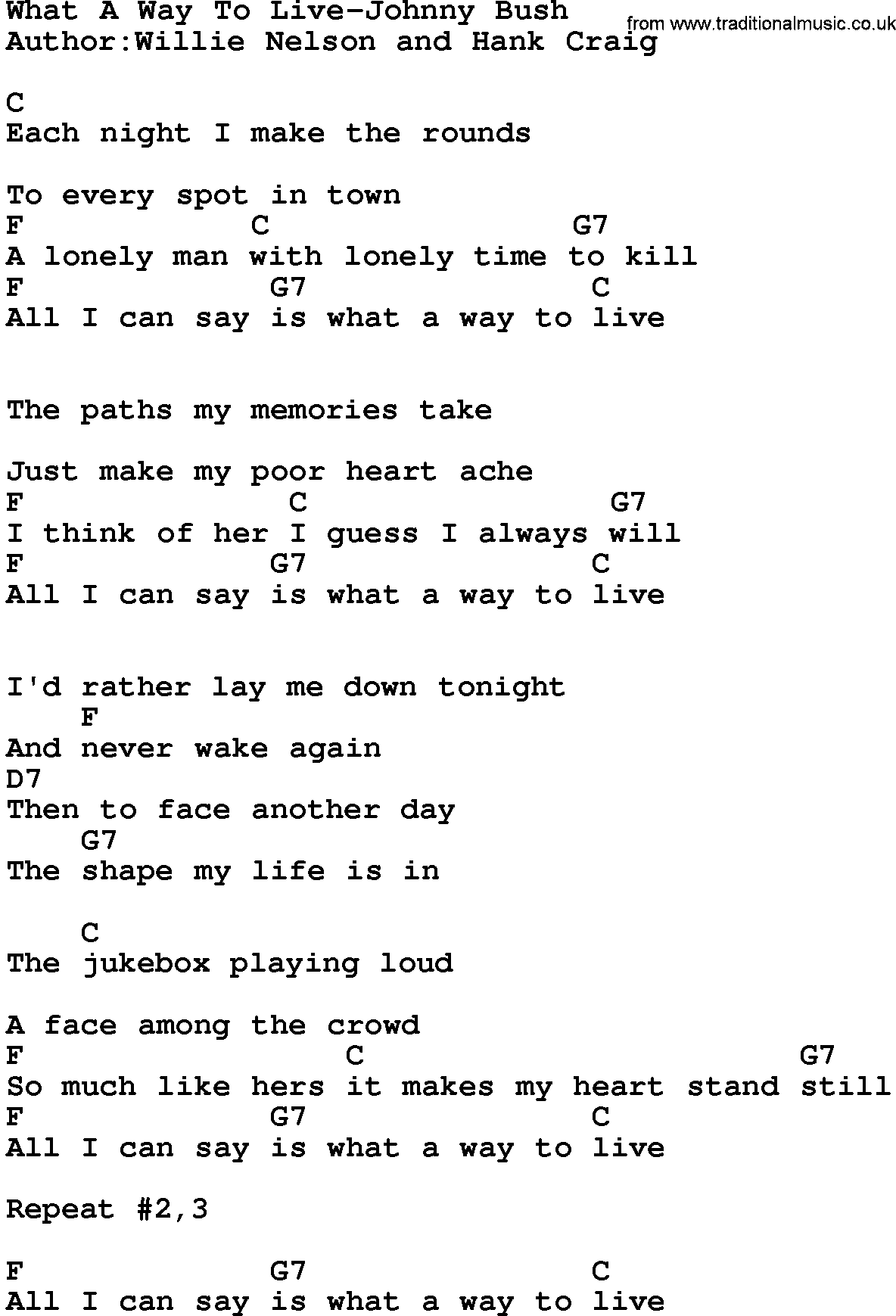 Country music song: What A Way To Live-Johnny Bush lyrics and chords