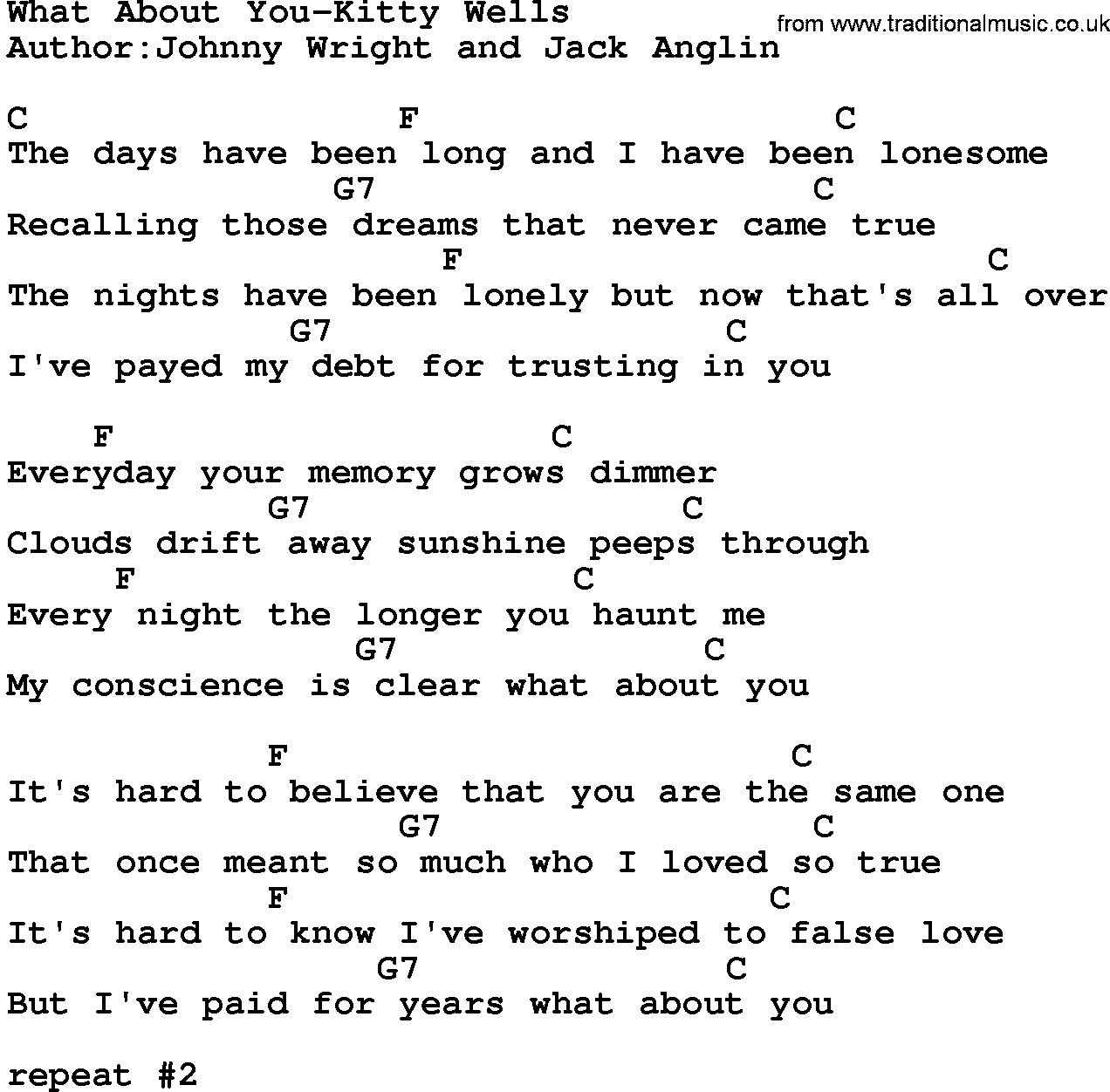 Country music song: What About You-Kitty Wells lyrics and chords