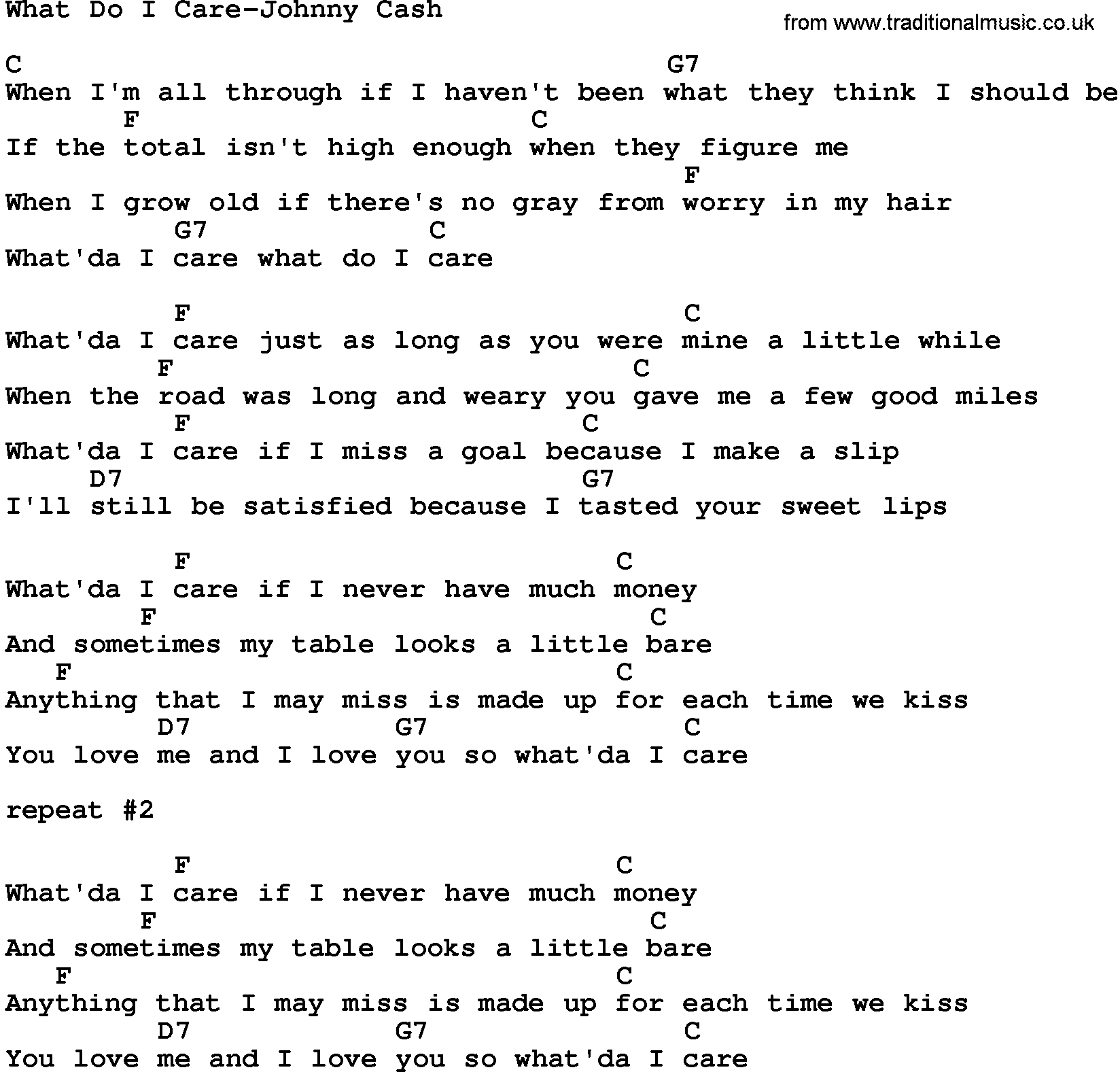 Country music song: What Do I Care-Johnny Cash lyrics and chords