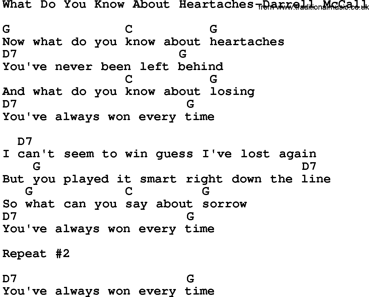 Country music song: What Do You Know About Heartaches-Darrell Mccall lyrics and chords