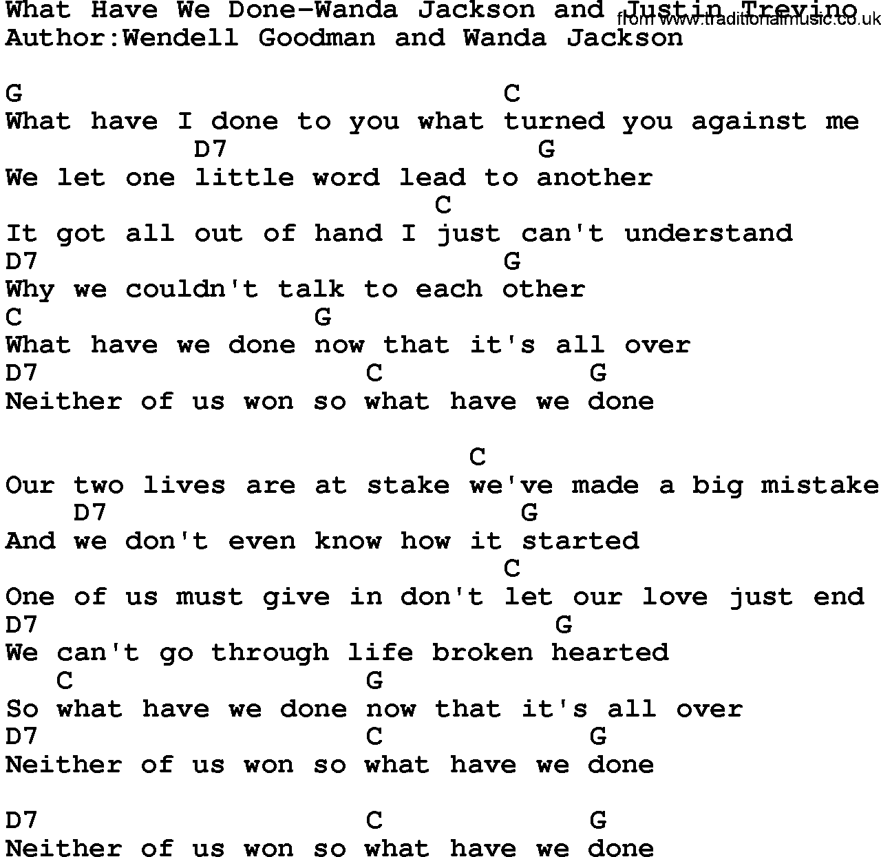 Country music song: What Have We Done-Wanda Jackson And Justin Trevino lyrics and chords