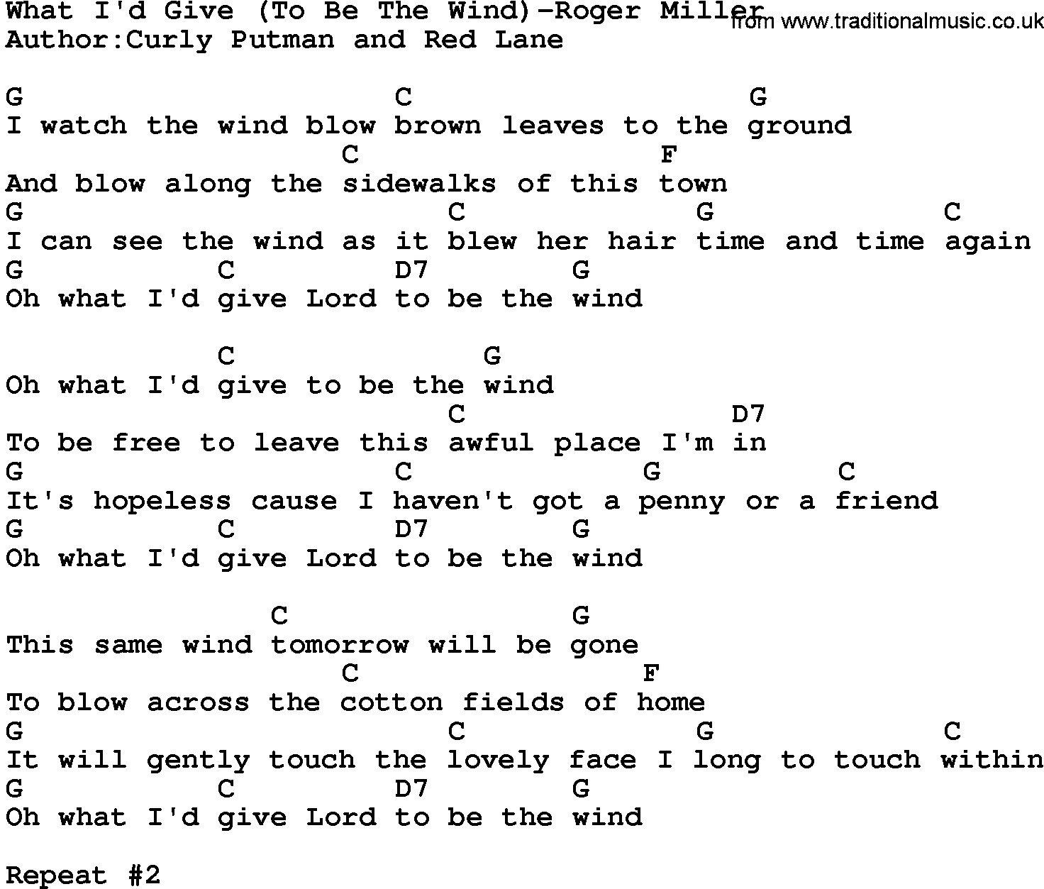 Country music song: What I'd Give(To Be The Wind)-Roger Miller lyrics and chords