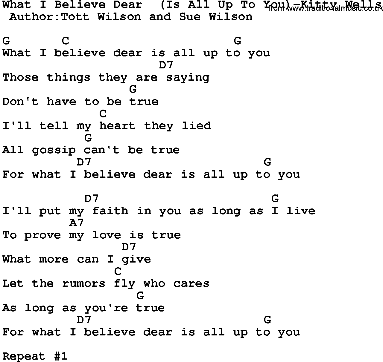 Country music song: What I Believe Dear(Is All Up To You)-Kitty Wells lyrics and chords
