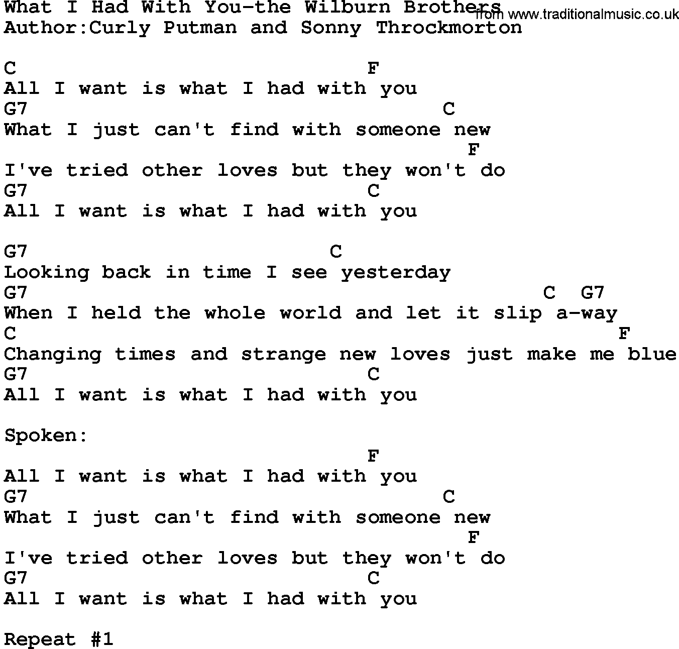 Country music song: What I Had With You-The Wilburn Brothers lyrics and chords