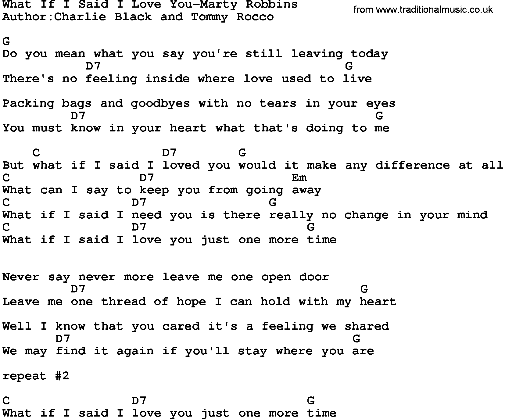 Country music song: What If I Said I Love You-Marty Robbins lyrics and chords