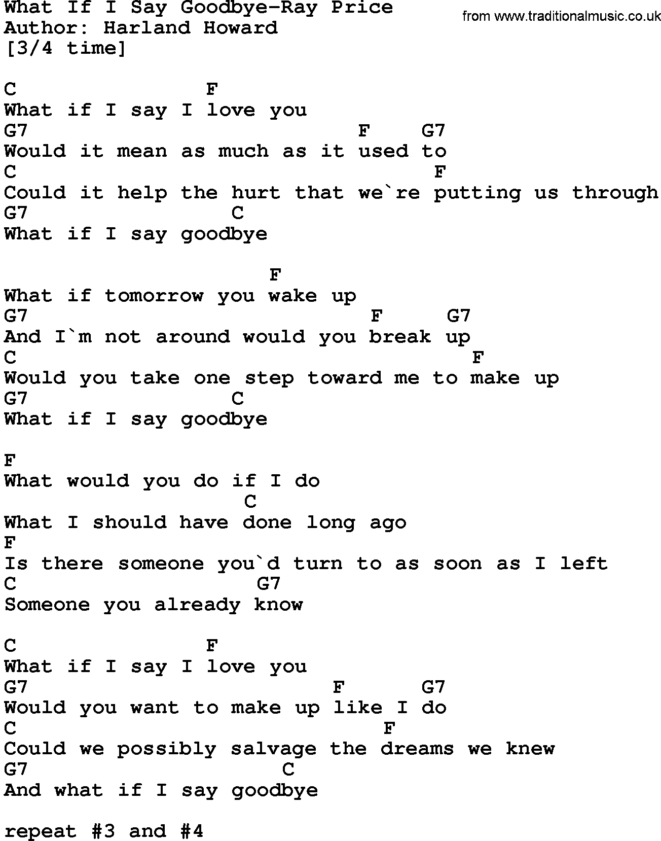 Country music song: What If I Say Goodbye-Ray Price lyrics and chords