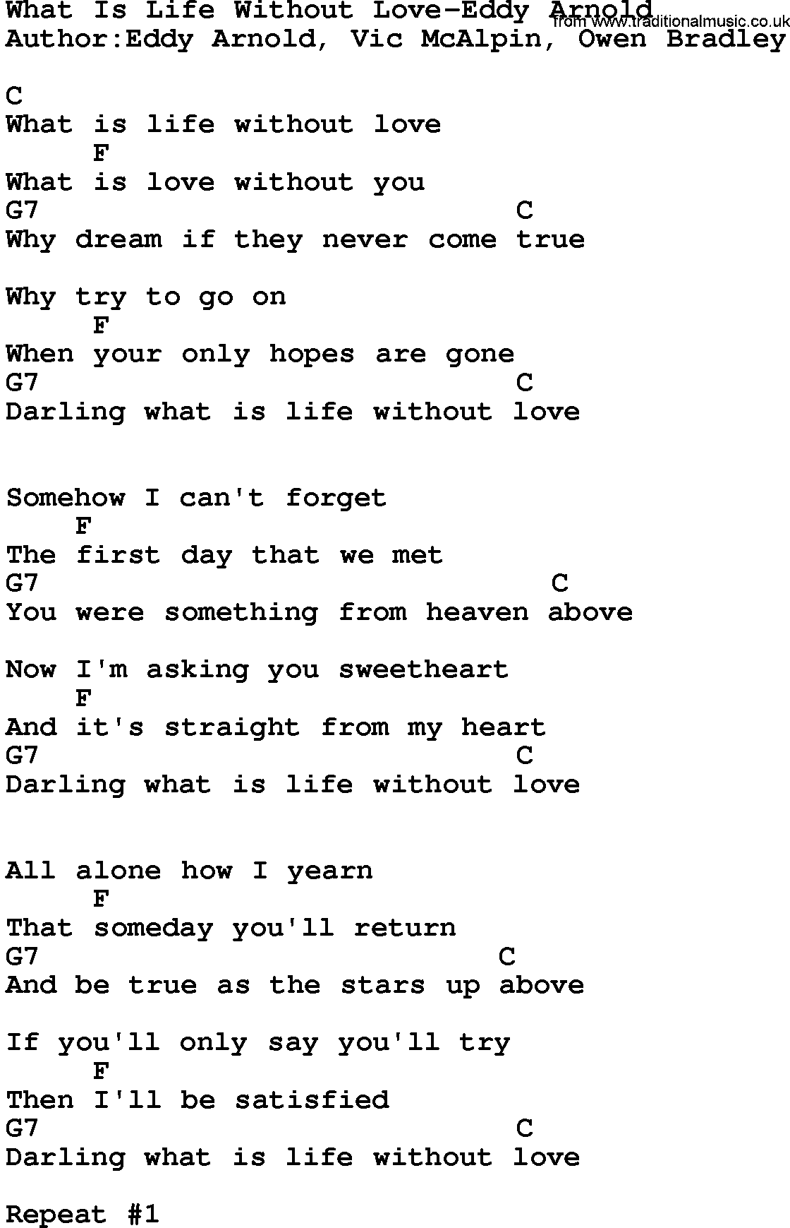 Country music song: What Is Life Without Love-Eddy Arnold lyrics and chords