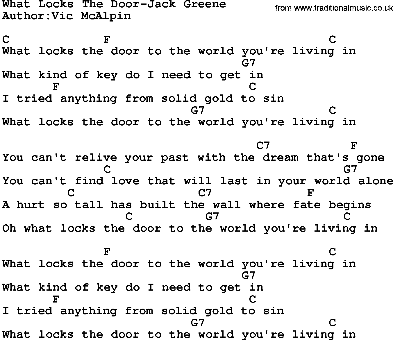 Country music song: What Locks The Door-Jack Greene lyrics and chords