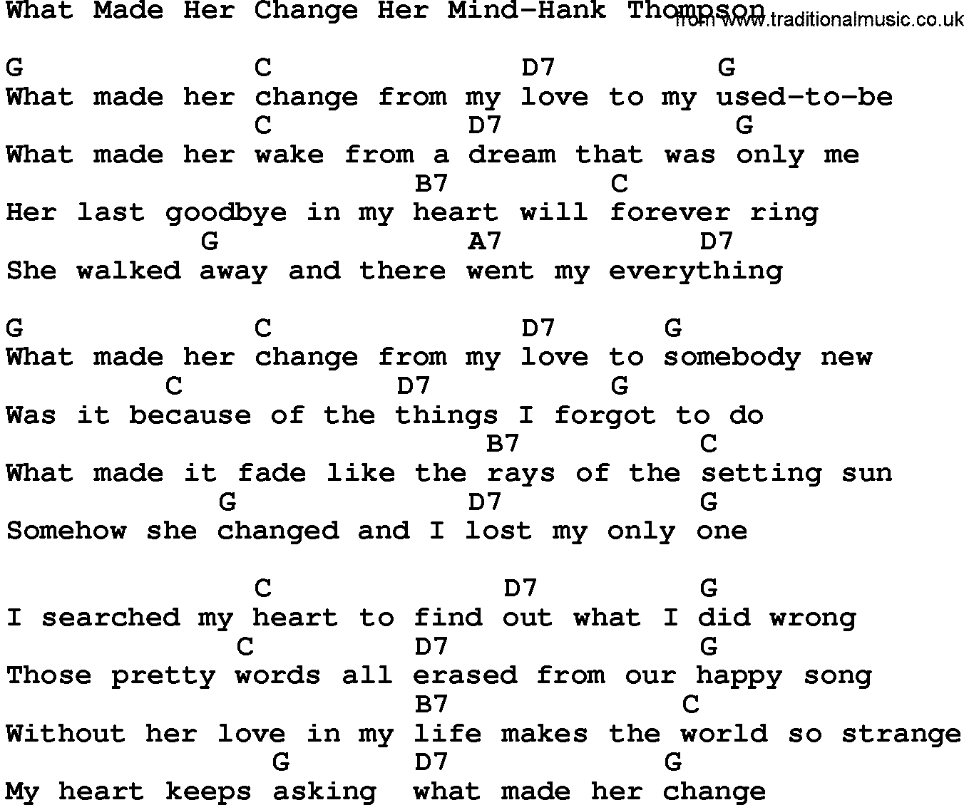 Country music song: What Made Her Change Her Mind-Hank Thompson lyrics and chords