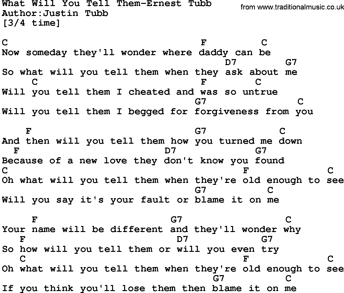 Country music song: What Will You Tell Them-Ernest Tubb lyrics and chords