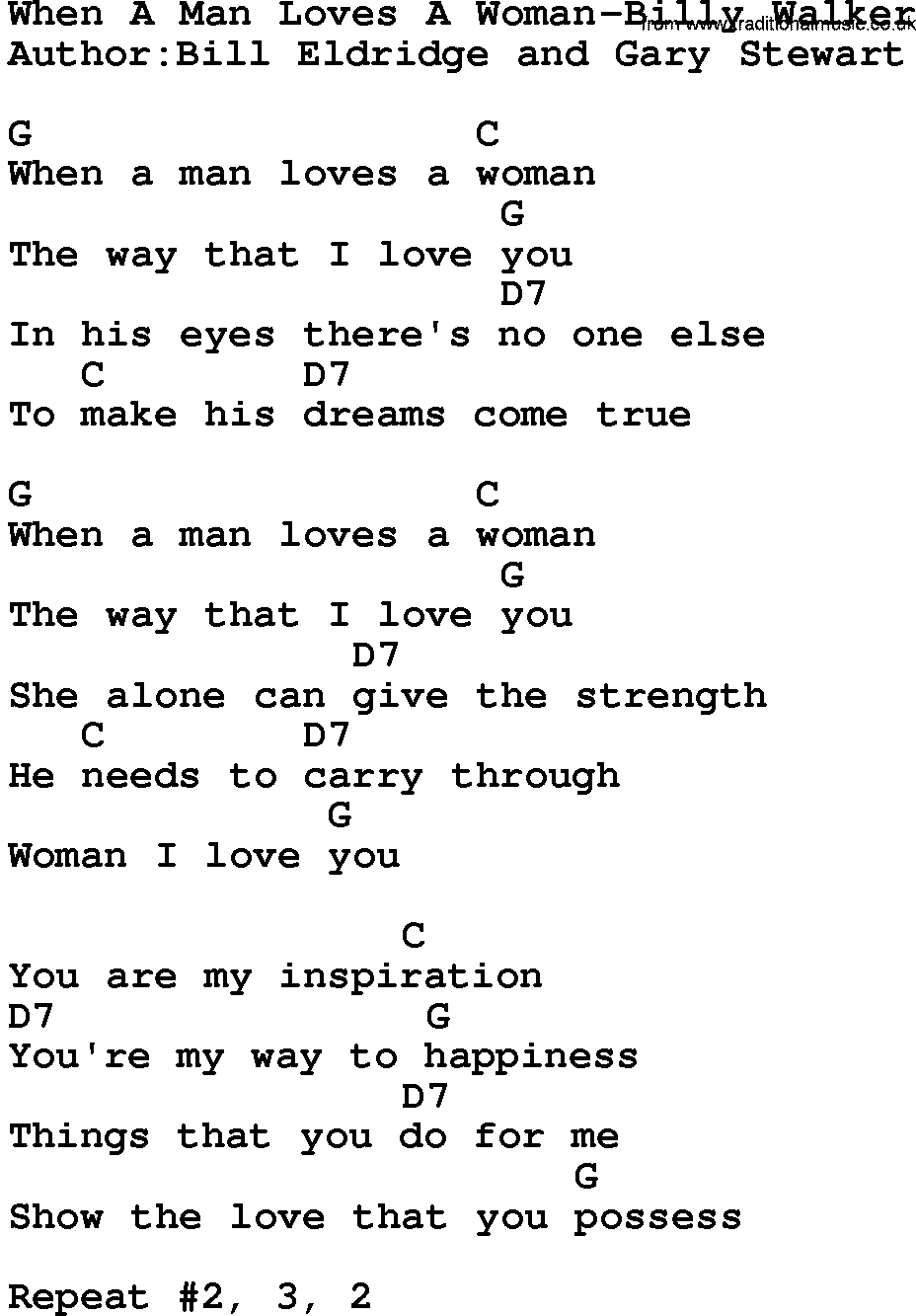 Country music song: When A Man Loves A Woman-Billy Walker lyrics and chords