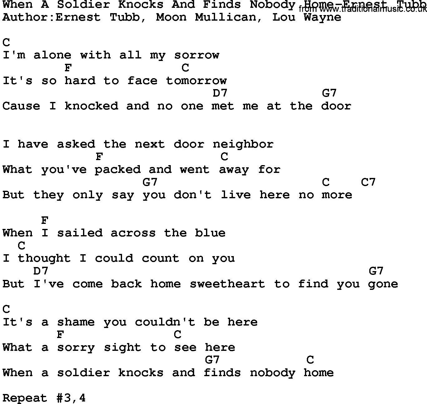 Country music song: When A Soldier Knocks And Finds Nobody Home-Ernest Tubb lyrics and chords