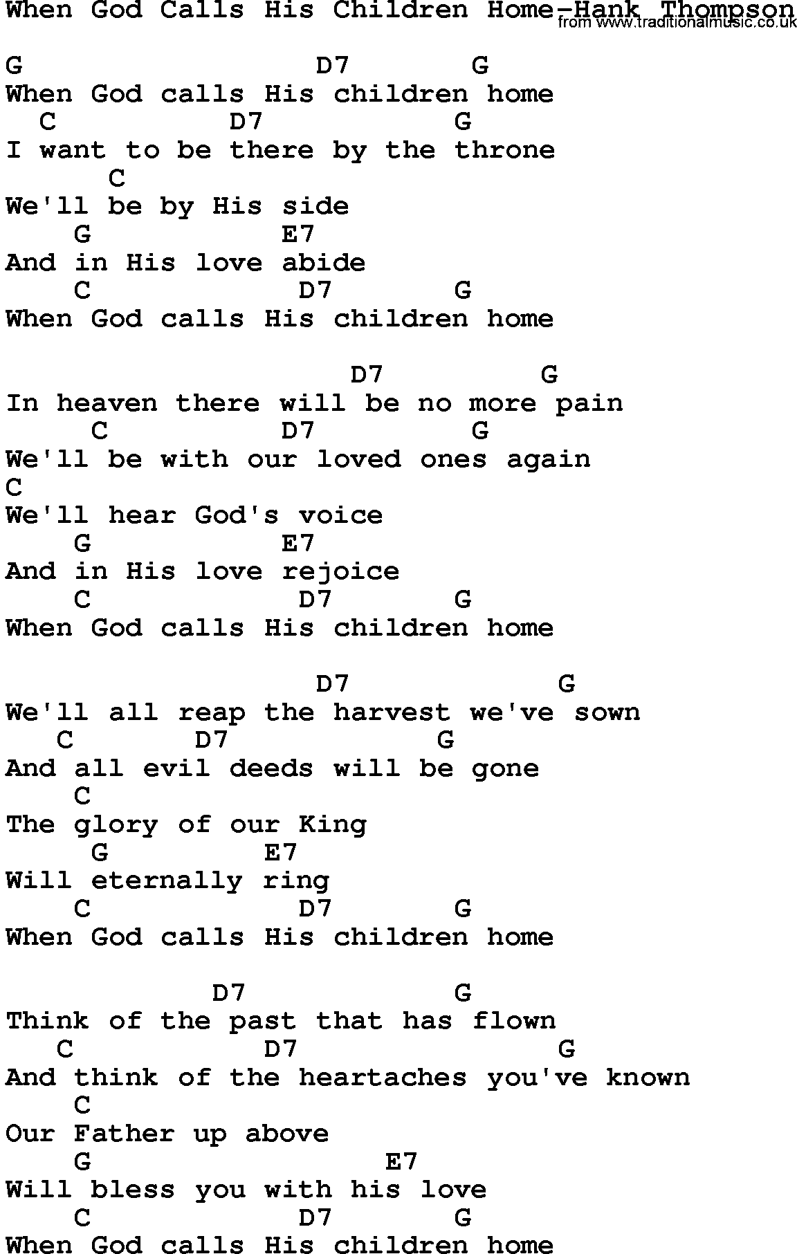Country music song: When God Calls His Children Home-Hank Thompson lyrics and chords
