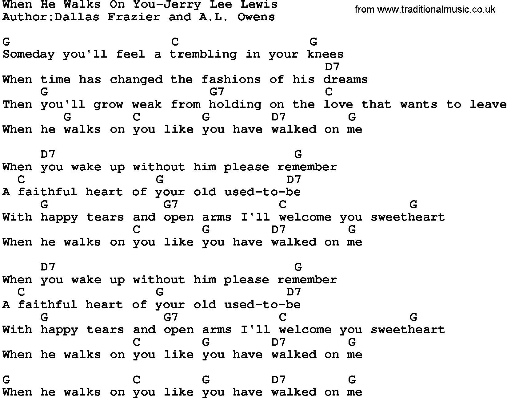 Country music song: When He Walks On You-Jerry Lee Lewis lyrics and chords