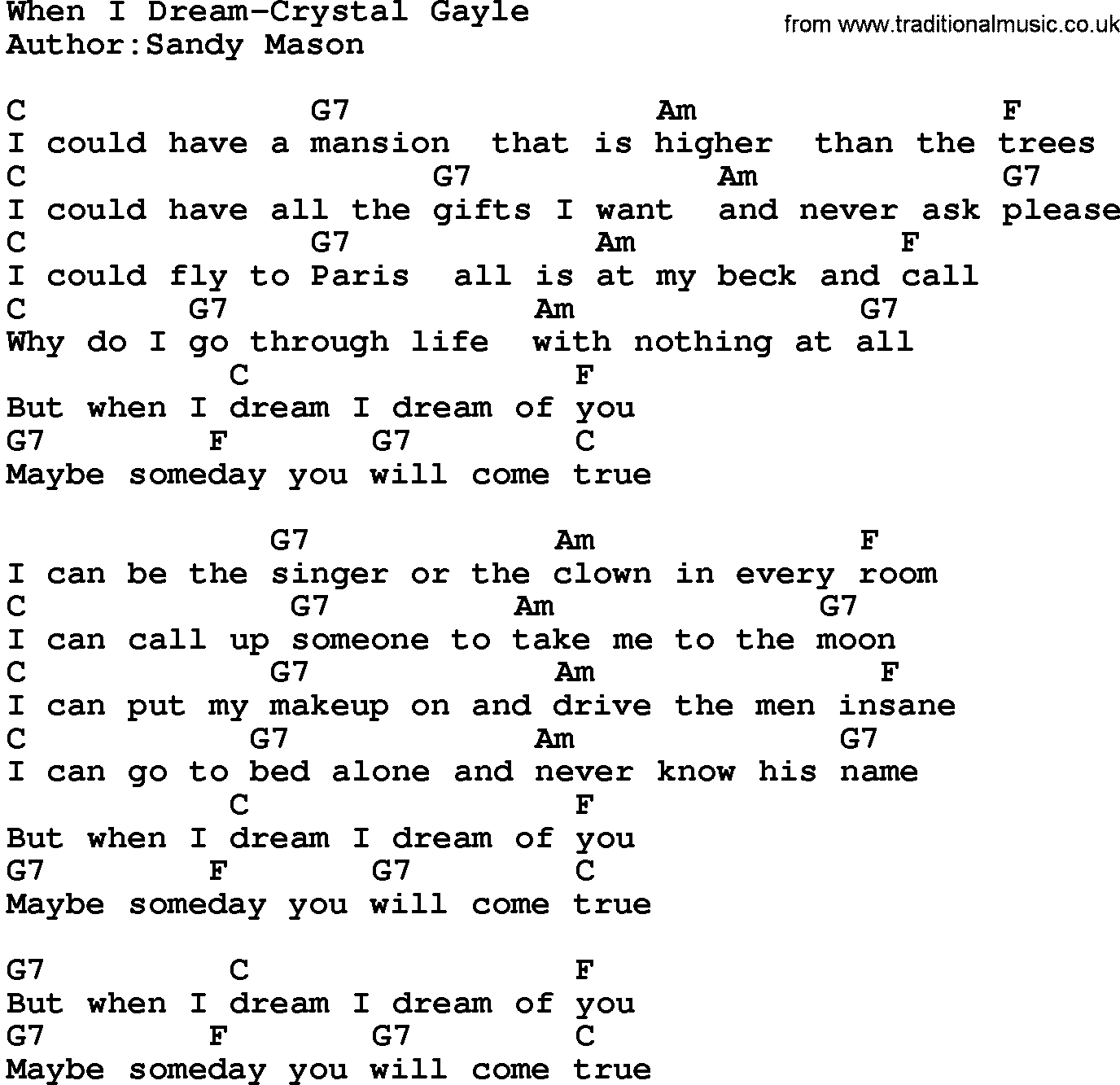 Country music song: When I Dream-Crystal Gayle lyrics and chords