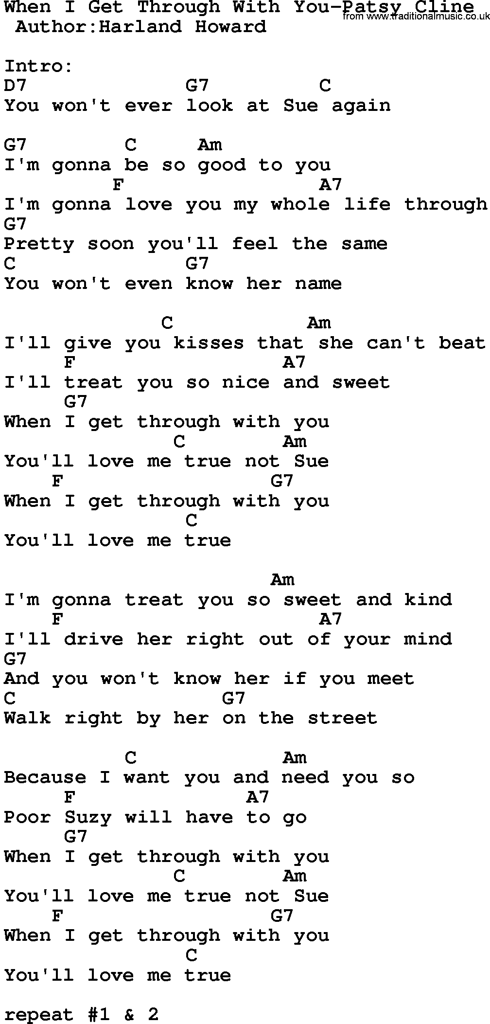 Country music song: When I Get Through With You-Patsy Cline lyrics and chords