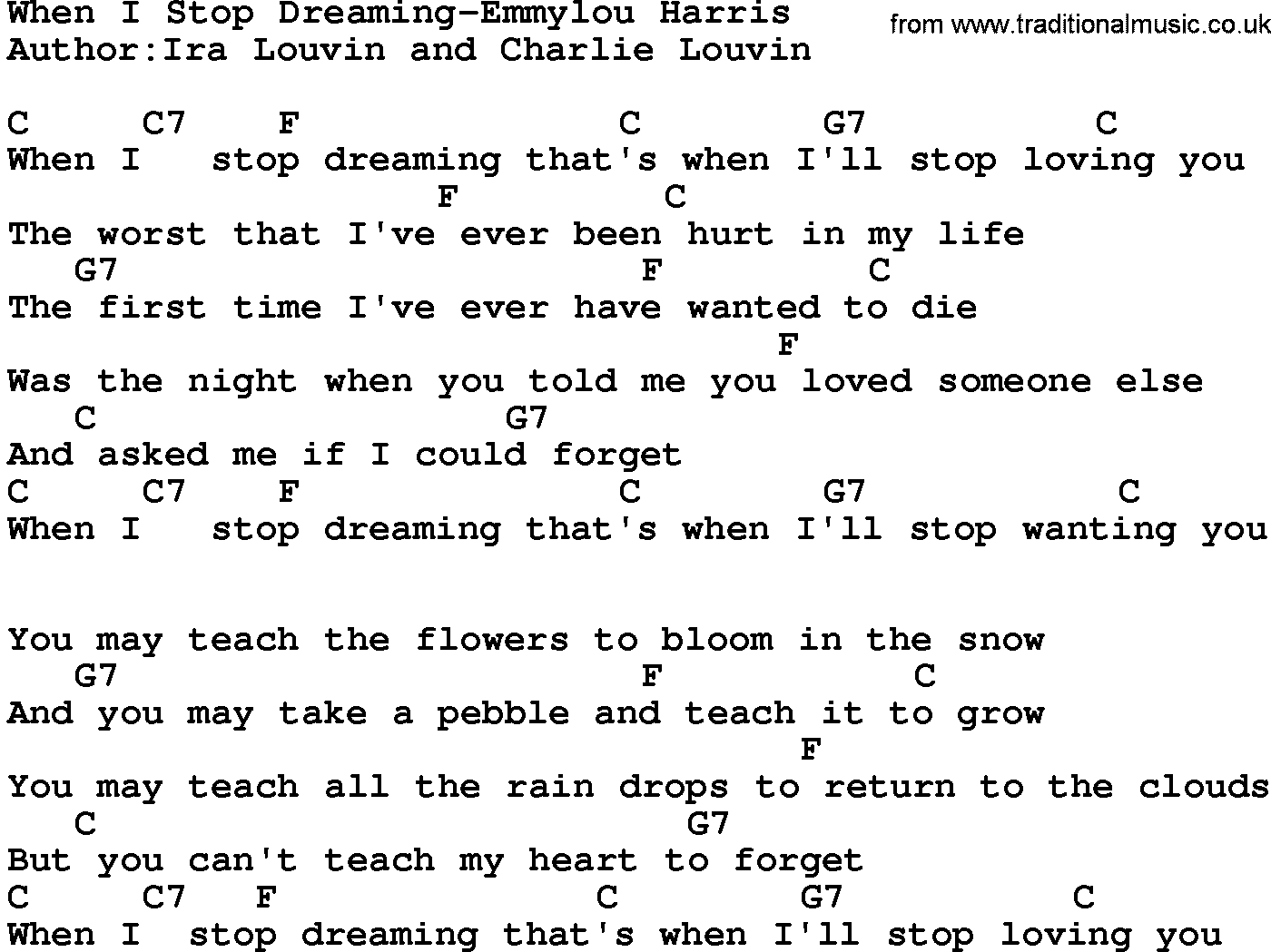 Country music song: When I Stop Dreaming-Emmylou Harris  lyrics and chords