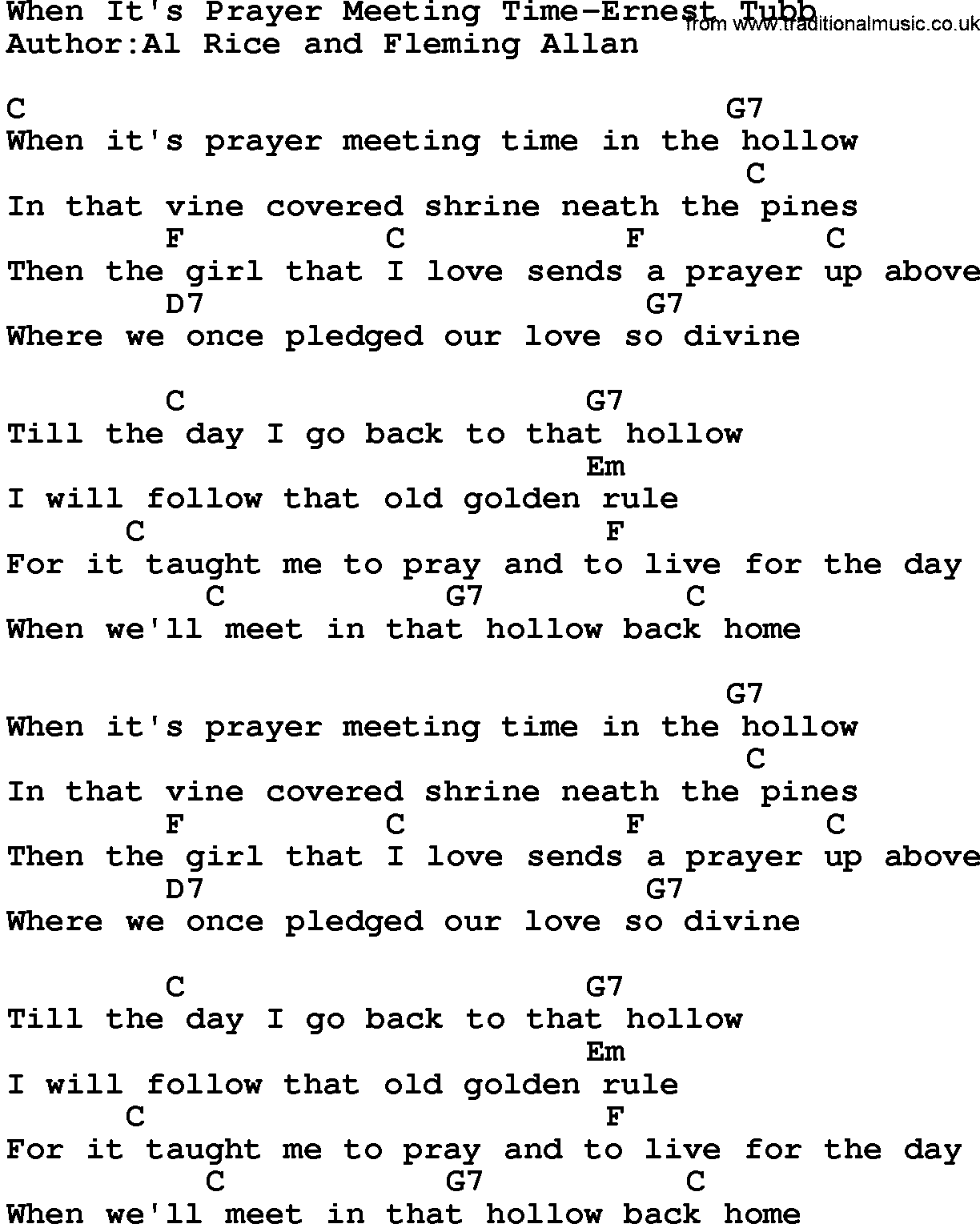 Country music song: When It's Prayer Meeting Time-Ernest Tubb lyrics and chords