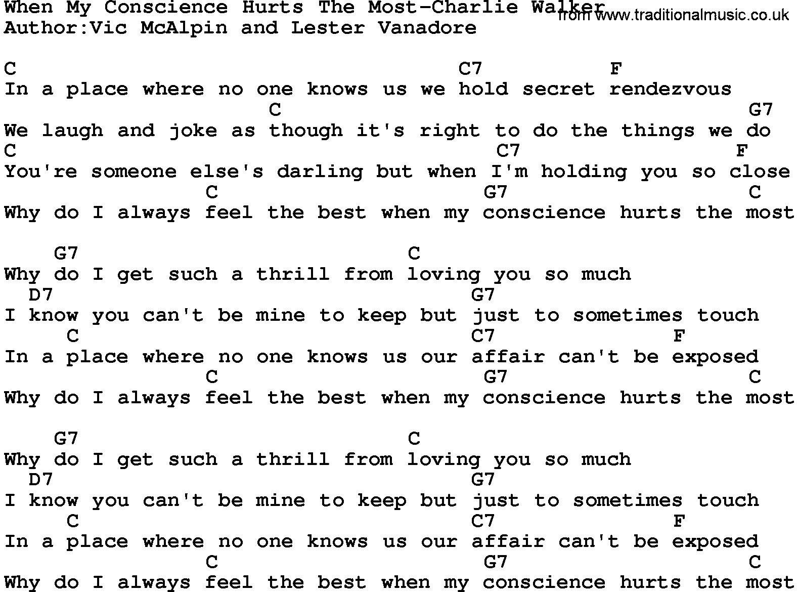Country music song: When My Conscience Hurts The Most-Charlie Walker lyrics and chords