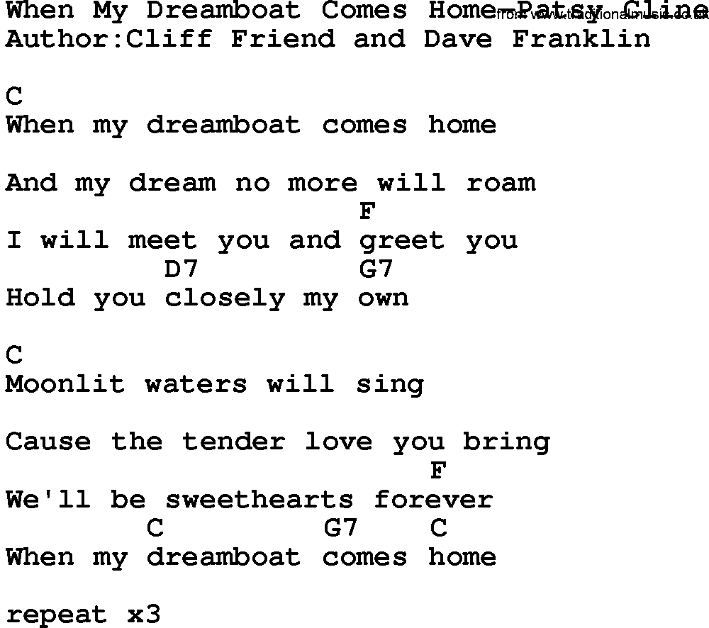 Country music song: When My Dreamboat Comes Home-Patsy Cline lyrics and chords