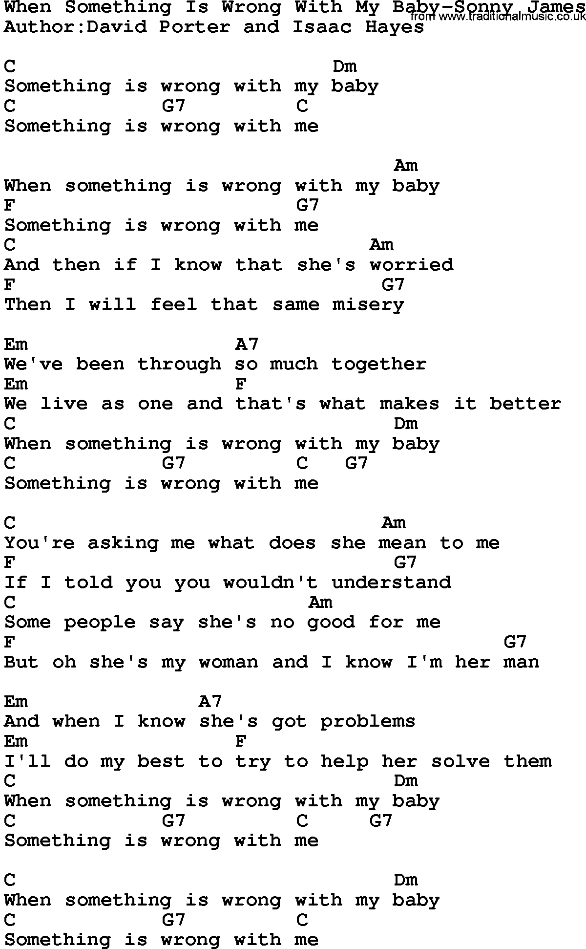 Country music song: When Something Is Wrong With My Baby-Sonny James lyrics and chords