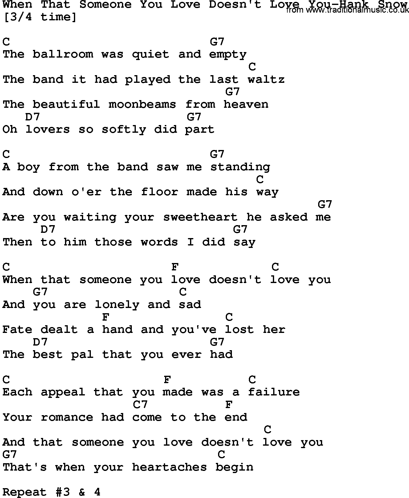Country music song: When That Someone You Love Doesn't Love You-Hank Snow lyrics and chords