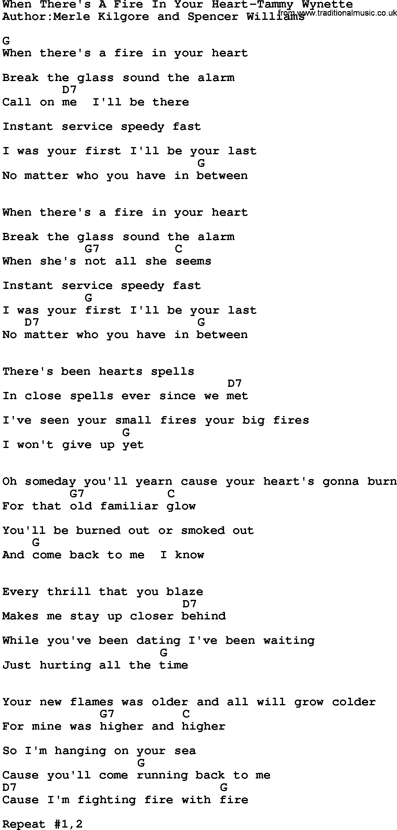 Country music song: When There's A Fire In Your Heart-Tammy Wynette lyrics and chords