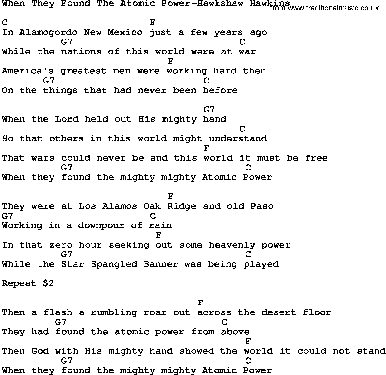 Country music song: When They Found The Atomic Power-Hawkshaw Hawkins lyrics and chords