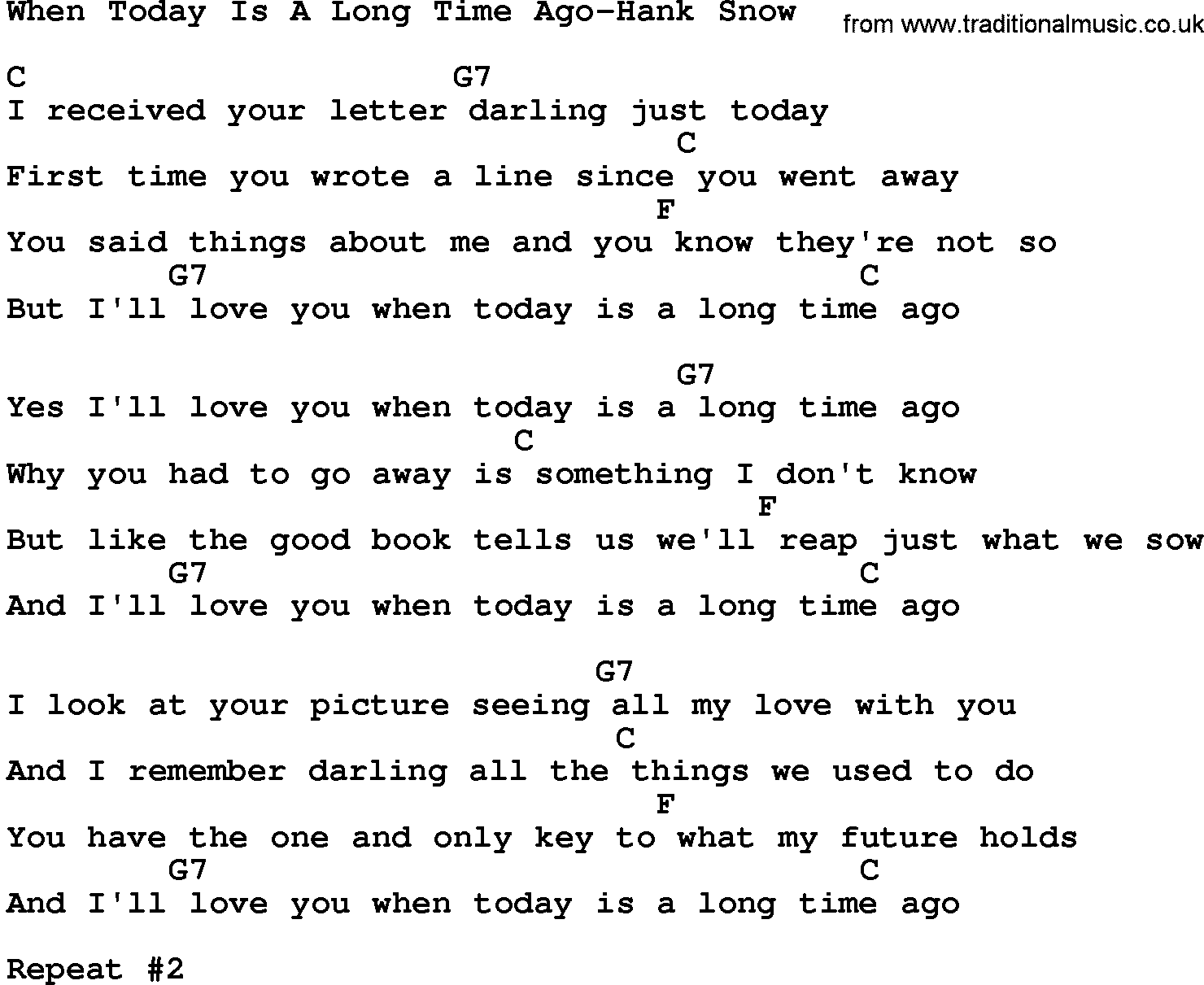Country music song: When Today Is A Long Time Ago-Hank Snow lyrics and chords