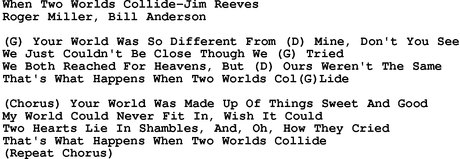 Country music song: When Two Worlds Collide-Jim Reeves lyrics and chords