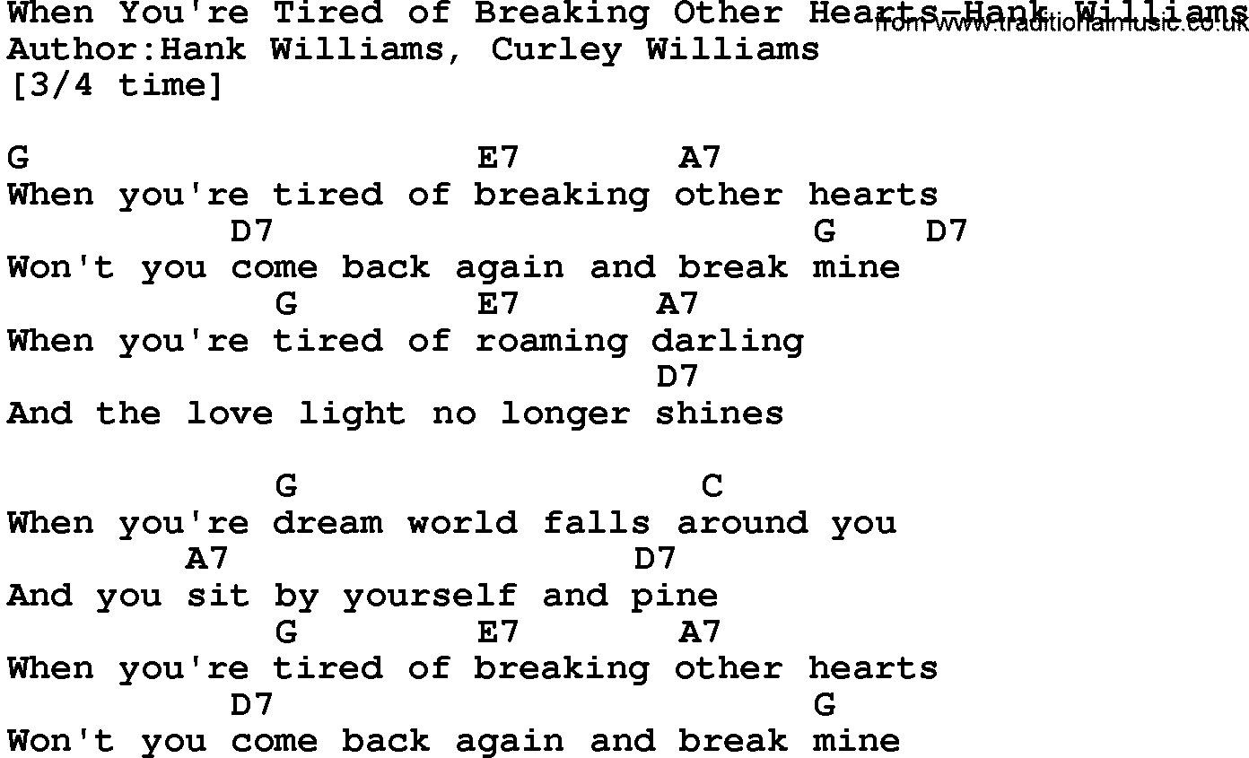 Country music song: When You're Tired Of Breaking Other Hearts-Hank Williams lyrics and chords