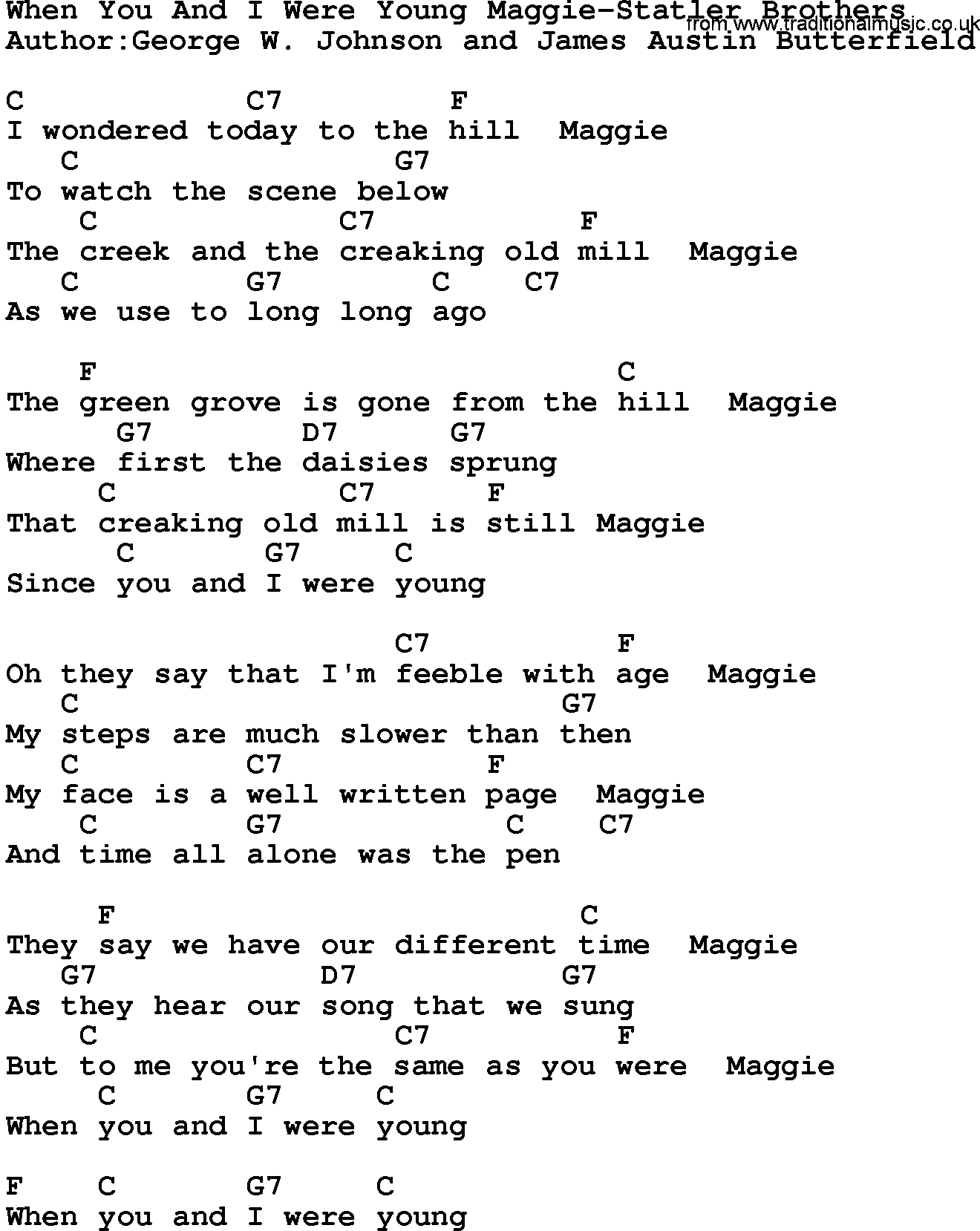 Country music song: When You And I Were Young Maggie-Statler Brothers lyrics and chords