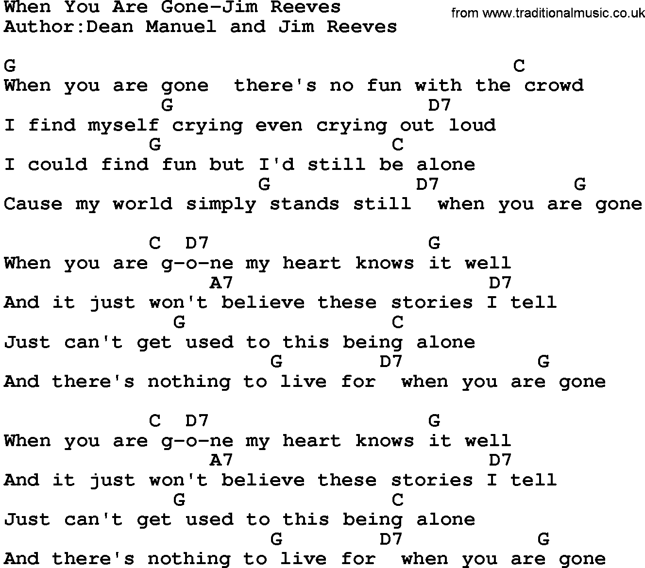 Country music song: When You Are Gone-Jim Reeves lyrics and chords
