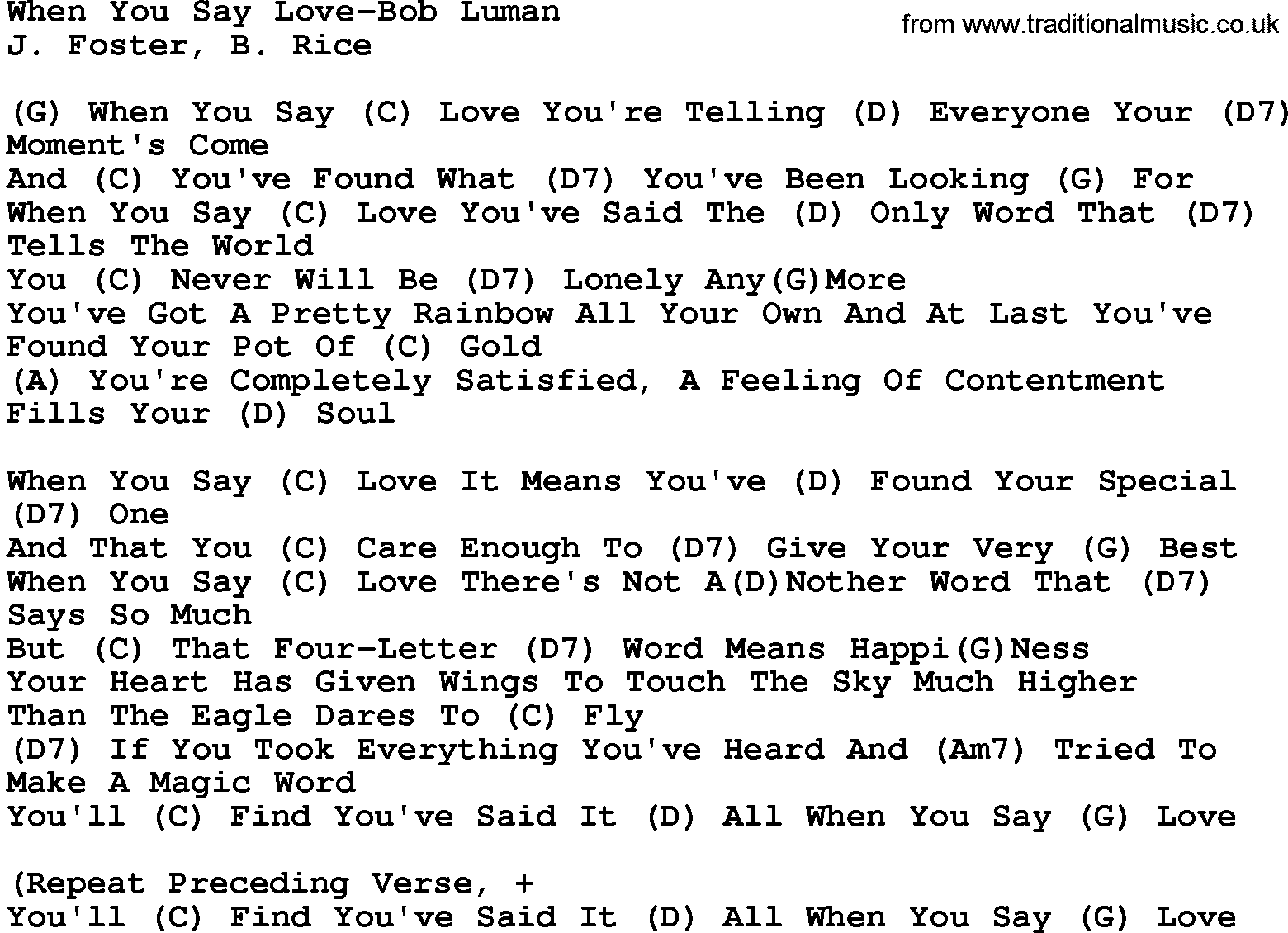 Country music song: When You Say Love-Bob Luman lyrics and chords