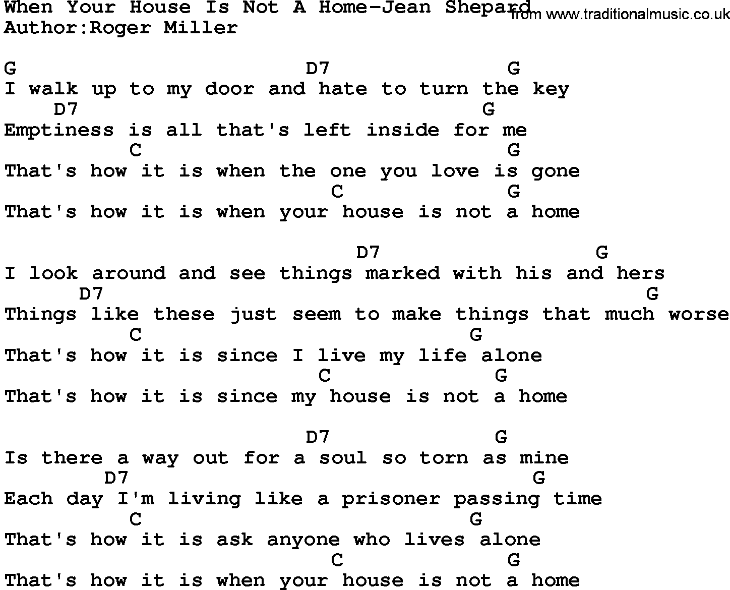 Country music song: When Your House Is Not A Home-Jean Shepard lyrics and chords