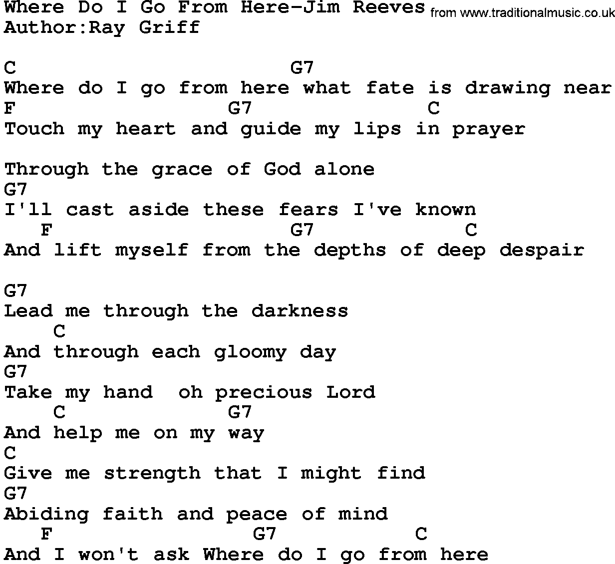 Country music song: Where Do I Go From Here-Jim Reeves lyrics and chords