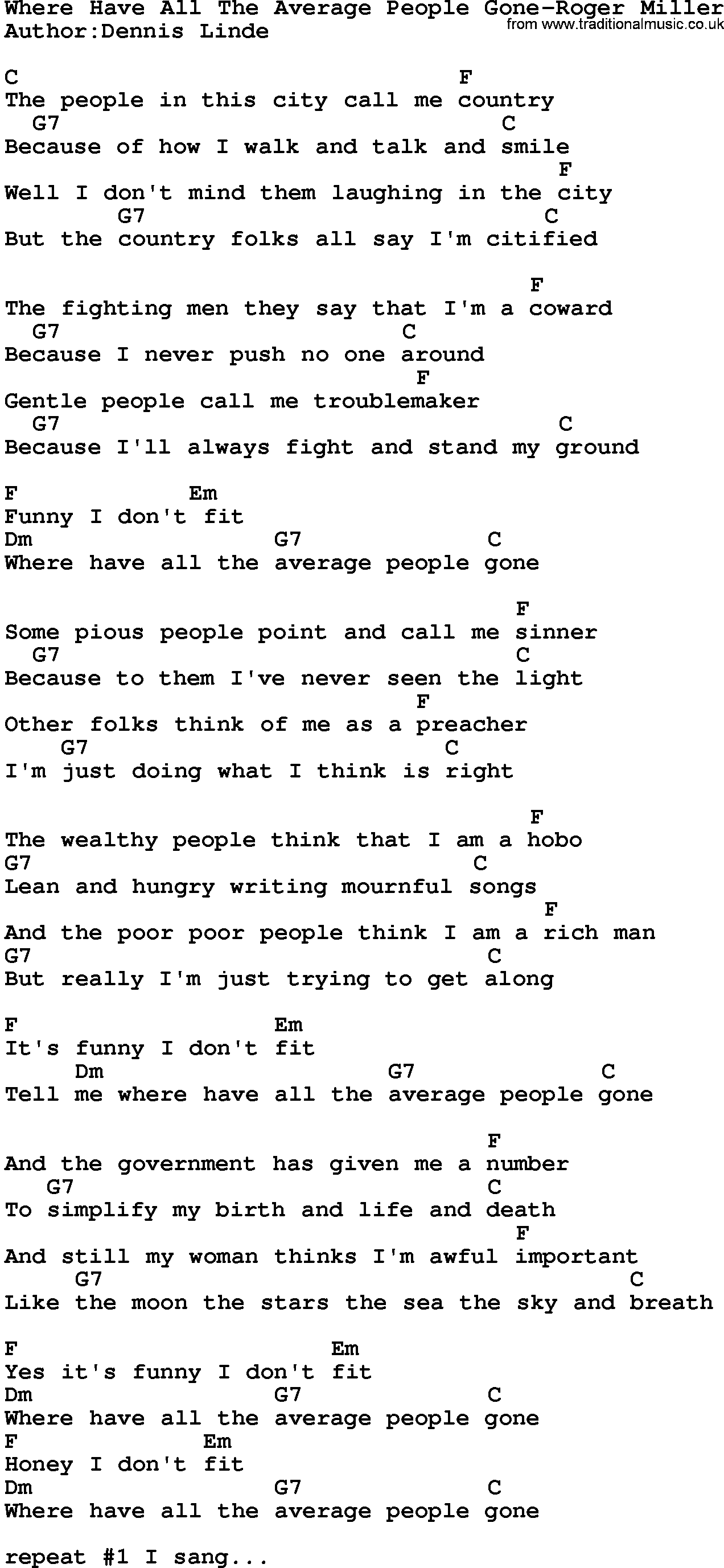 Country music song: Where Have All The Average People Gone-Roger Miller lyrics and chords