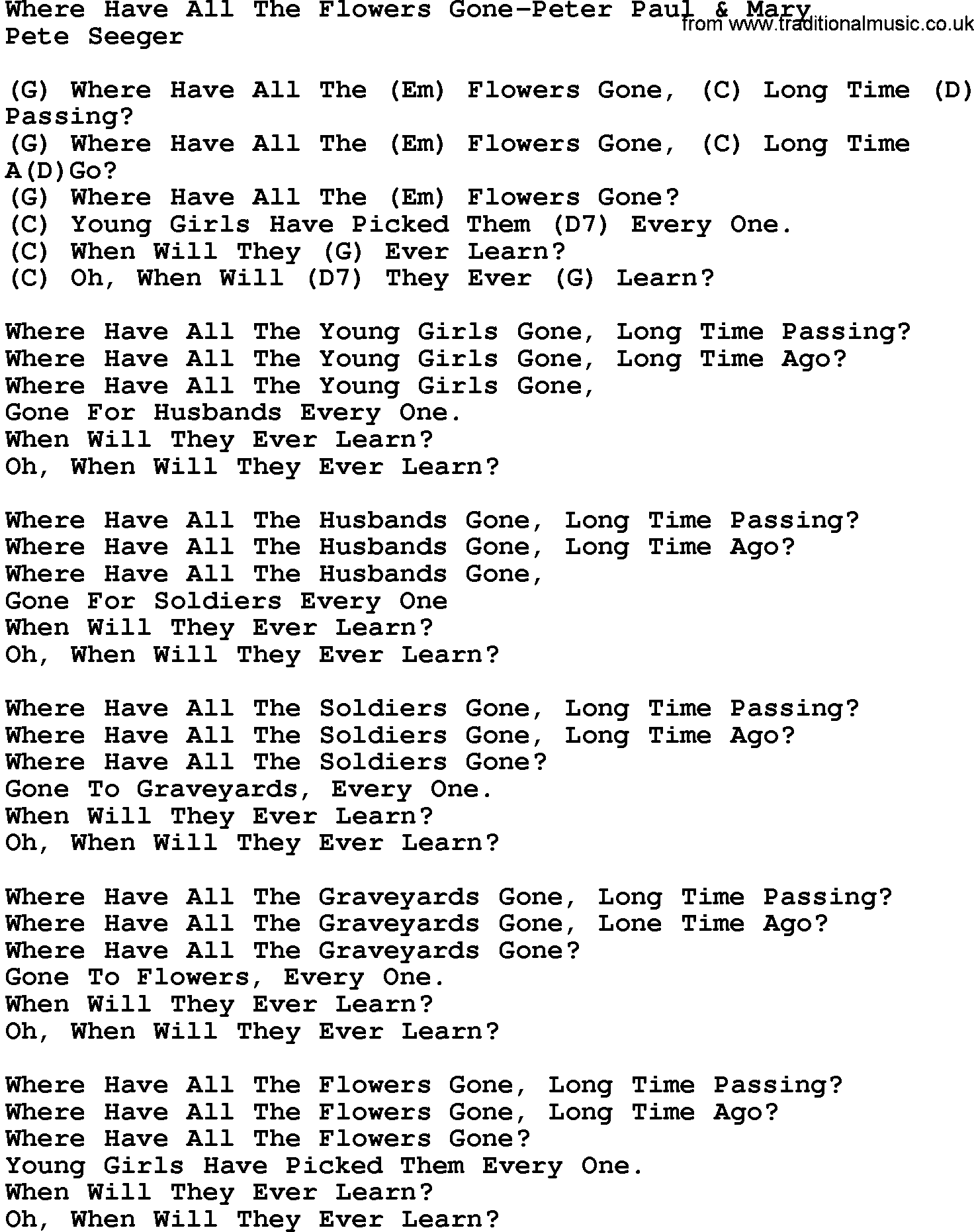Country music song: Where Have All The Flowers Gone-Peter Paul&Mary lyrics and chords