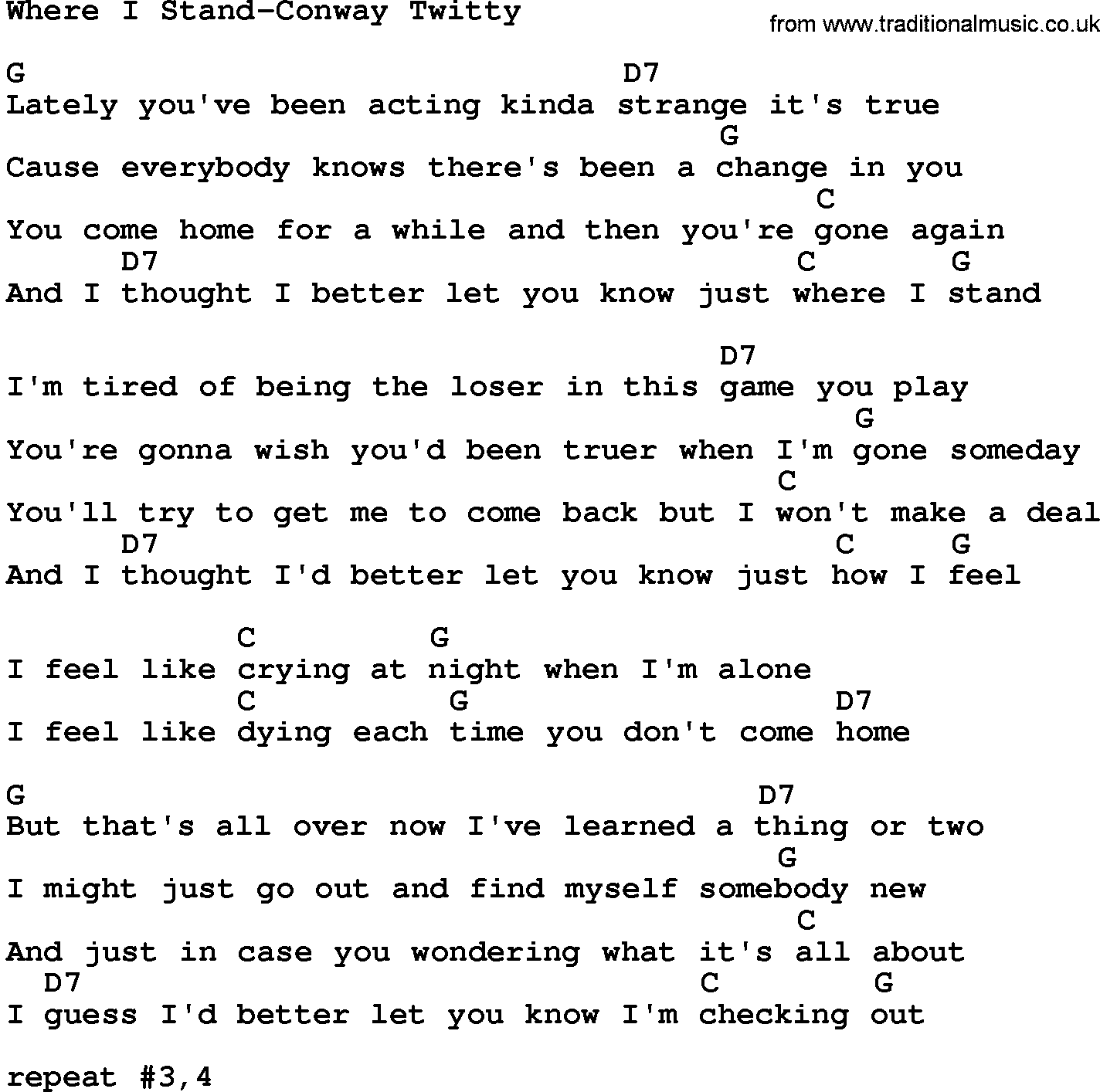 Country music song: Where I Stand-Conway Twitty lyrics and chords