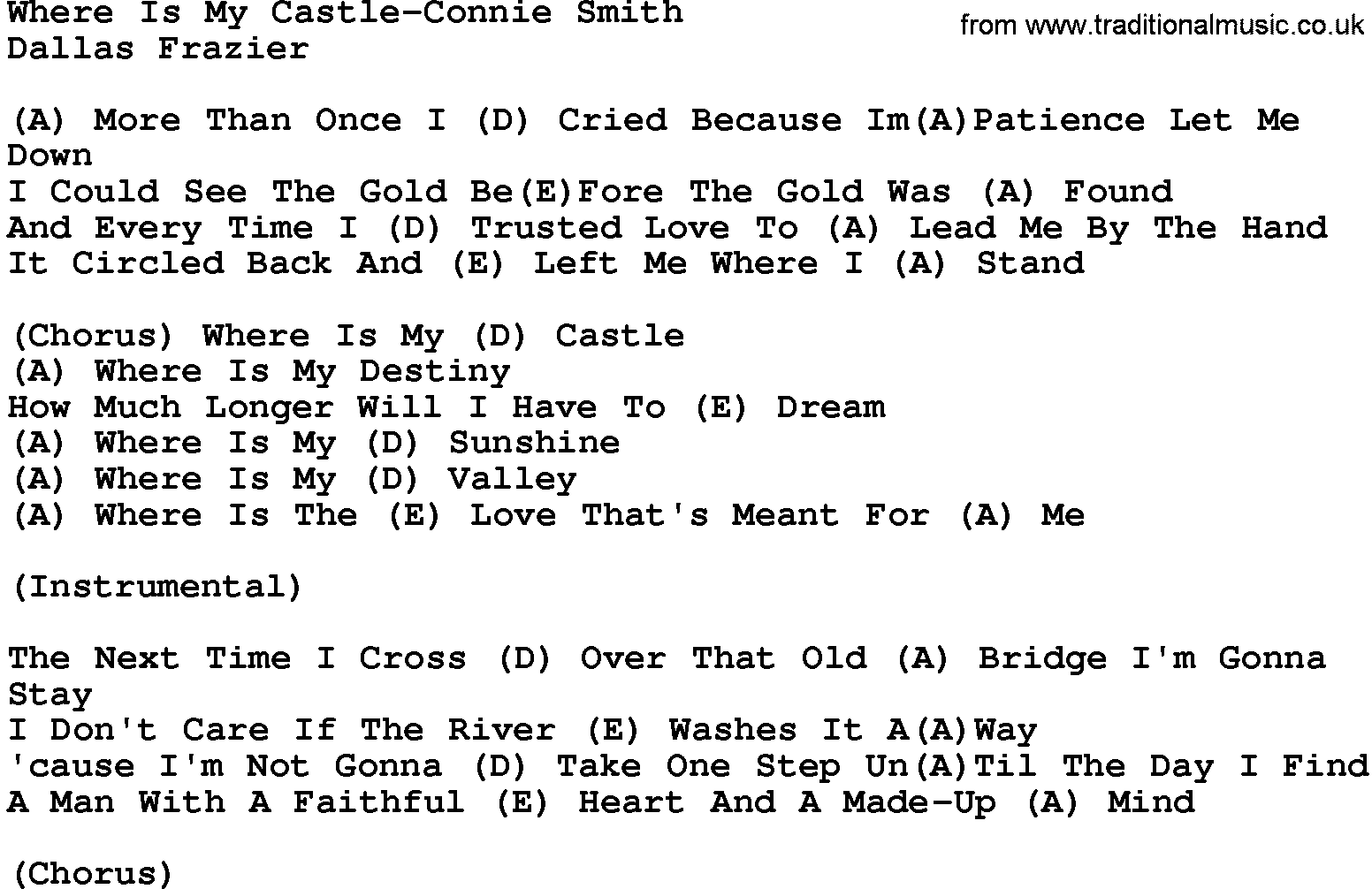 Country music song: Where Is My Castle-Connie Smith lyrics and chords