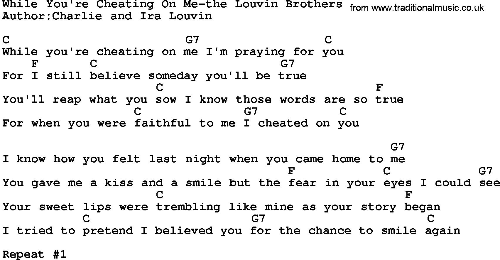 Country music song: While You're Cheating On Me-The Louvin Brothers lyrics and chords